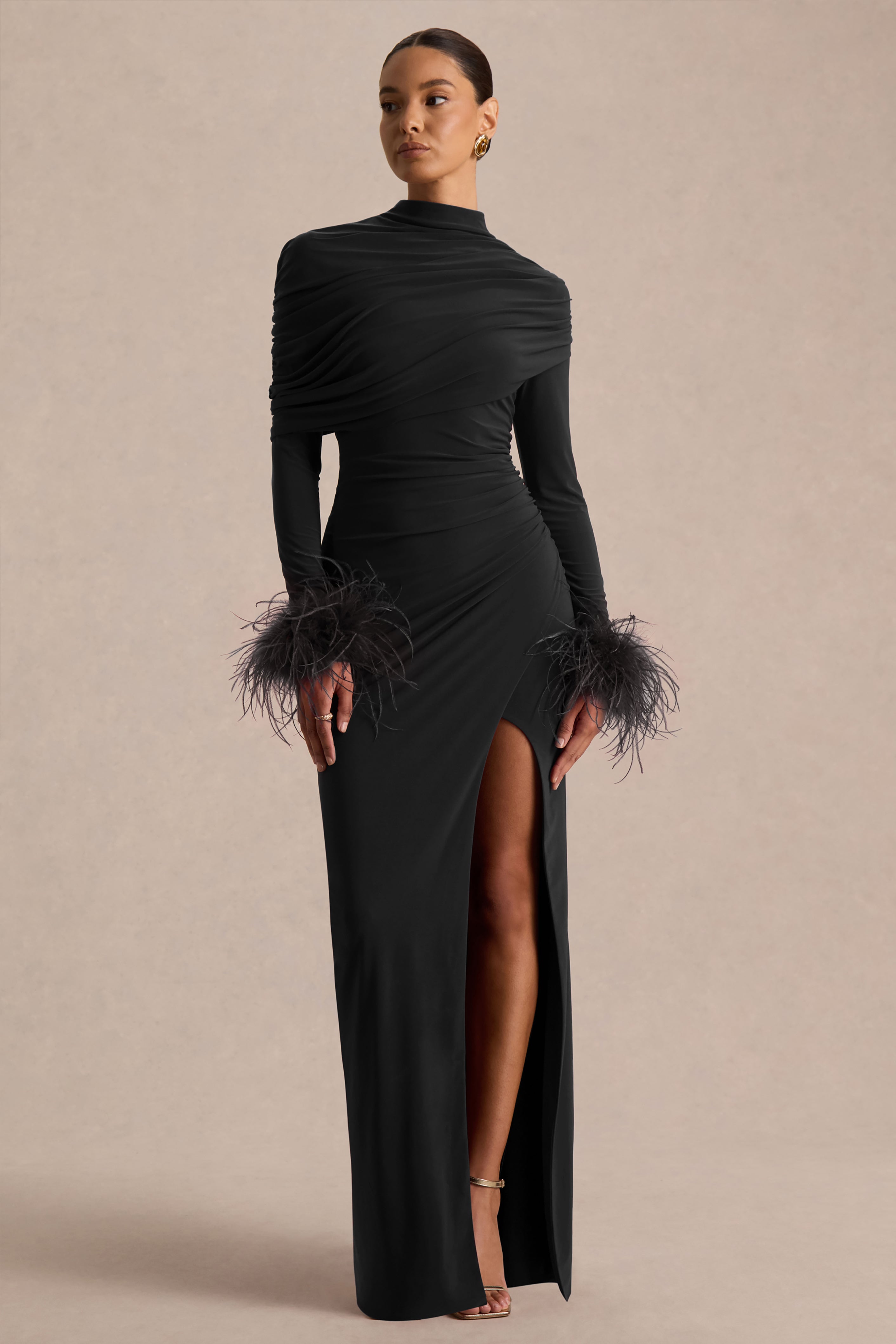 great gatsby long formal dresses | Black High-Neck Maxi Dress With Feather Trim Cuffs – Club L London Style:AP1E213372