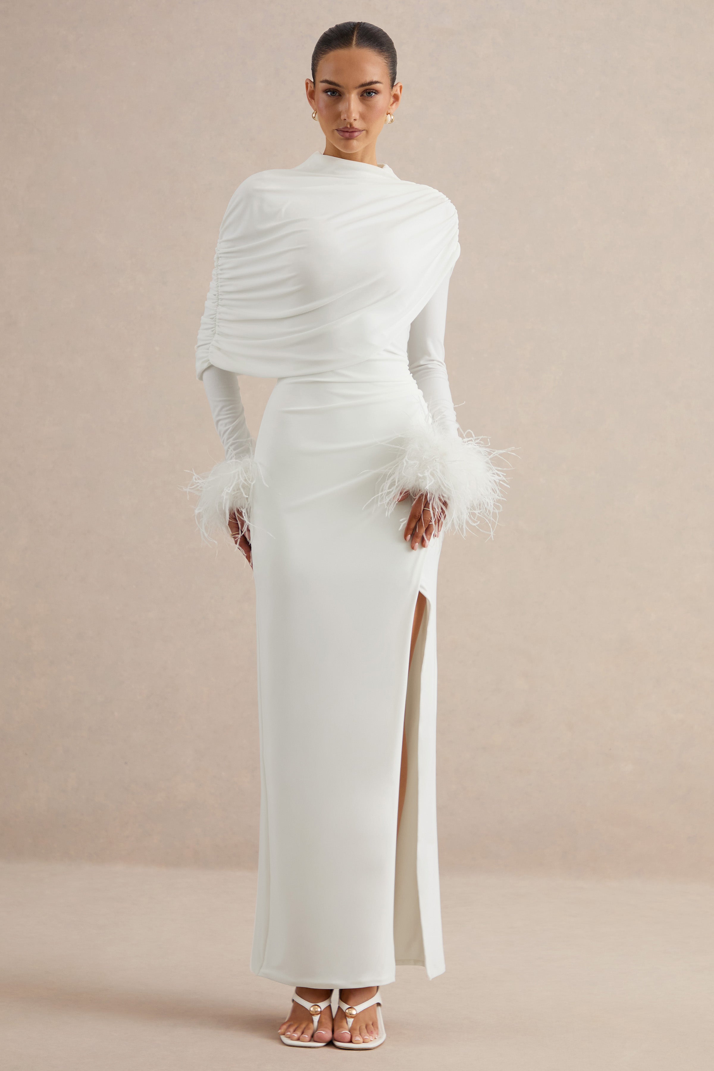 Gatsby | White High-Neck Maxi Dress With Feather Trim Cuffs – Club L London