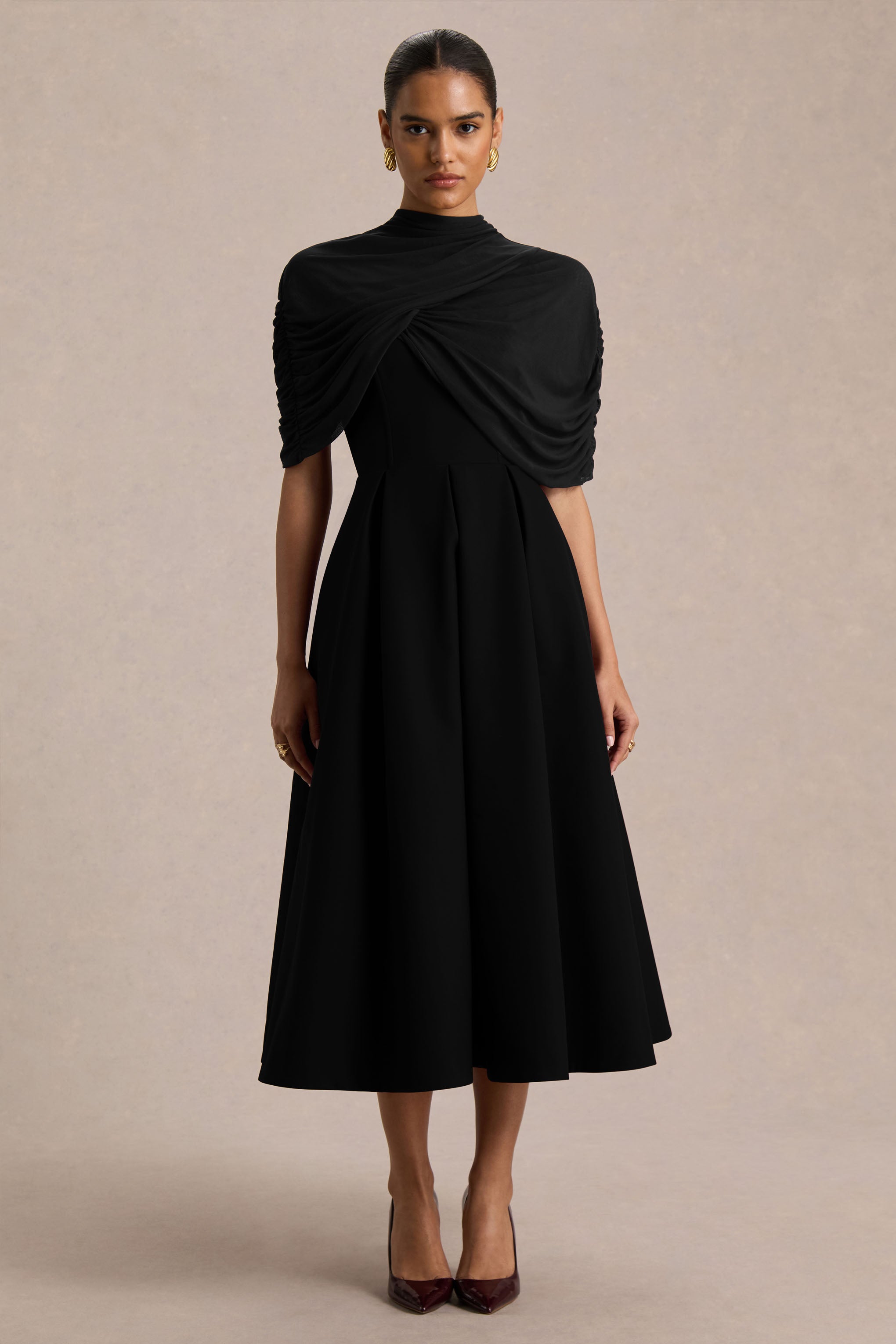 black midi dress sheer sleeves Shiny Black Midi Dress with Sheer Long Sleeves HAREM's Brides