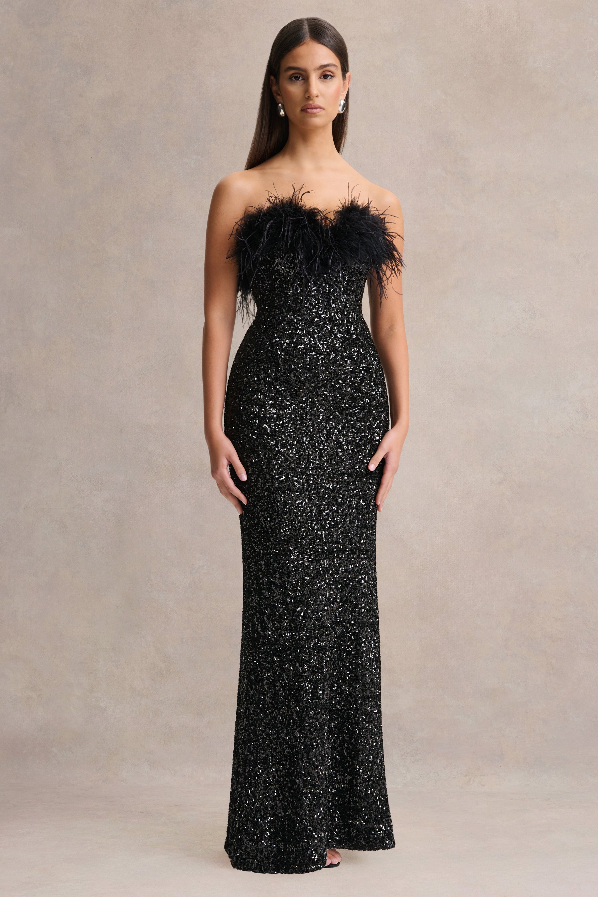 maxi black sparkly dress Daze | Black Sequin Bandeau Maxi Dress With Feather-Trim