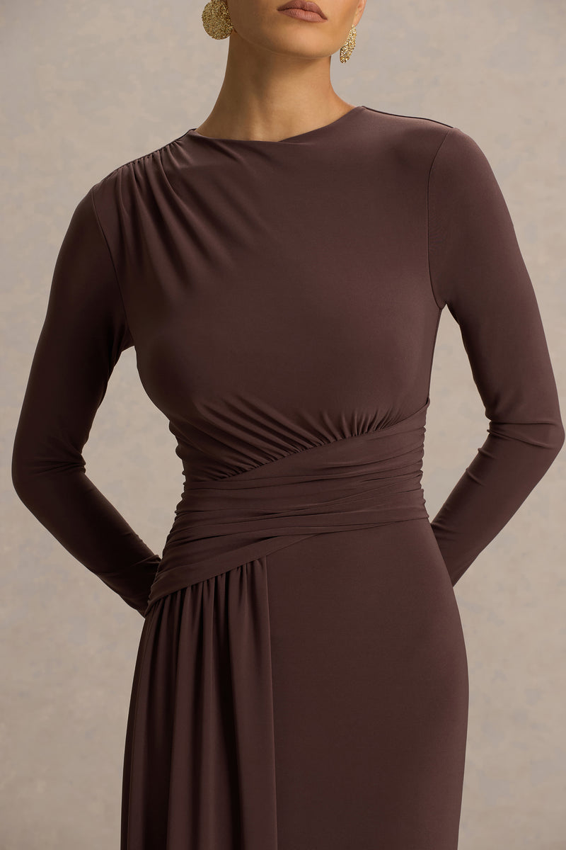 boatneck formal dress Virelle Brown Boat-Neck Maxi Dress With Wrap Detail And Sash – Club L London