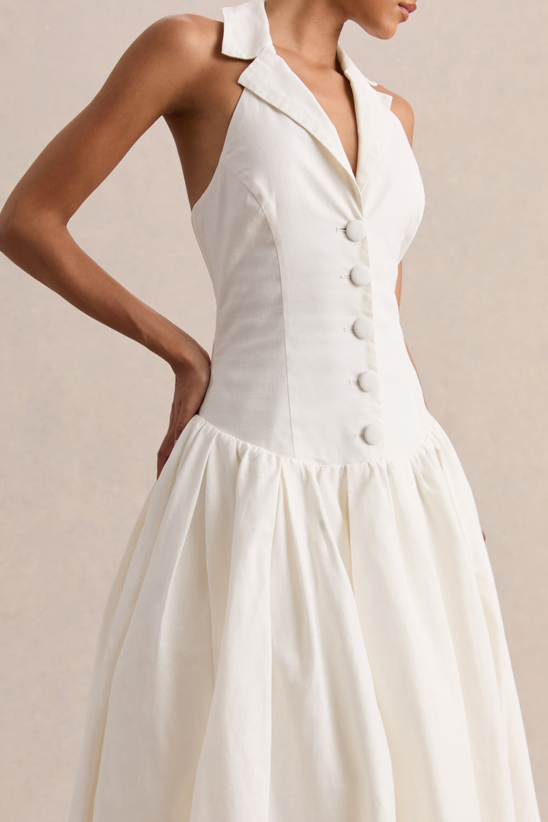 Ella White Plunge-Neck Midi Dress With Drop-Waist – Club L London