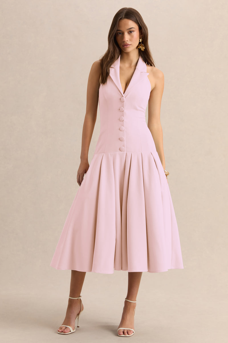 Elise Light Pink Plunge-Neck Midi Dress With Drop-Waist Club L London - USA Elise Light Pink Plunge-Neck Midi Dress With Drop-Waist Club L London - USA