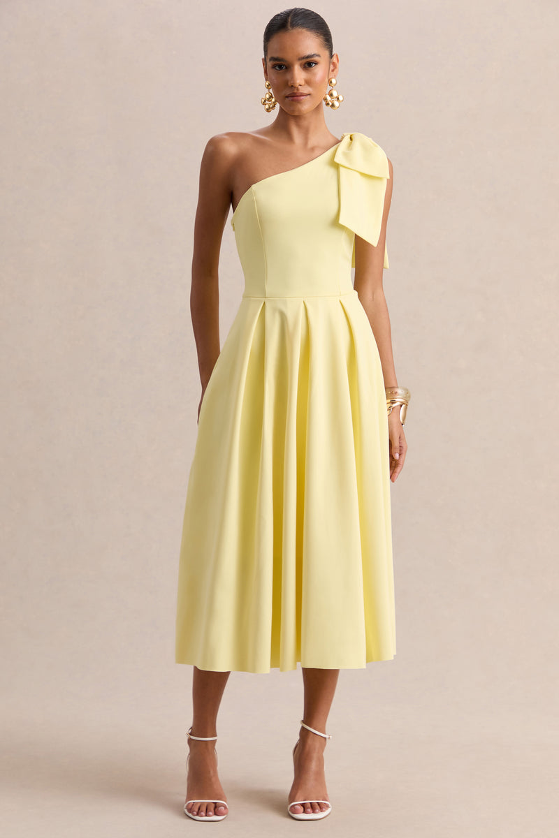 lemon midi dress with sleeves Meria | Lemon Asymmetric-Neck Midi Dress With Bow-Sleeve