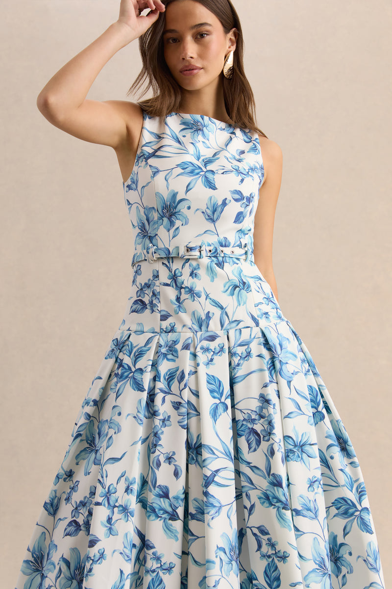 Sunnira Blue Porcelain Print Boat-Neck Midi Dress With Drop-Waist Club L London - USA Sunnira Blue Porcelain Print Boat-Neck Midi Dress With Drop-Waist Club L London - USA