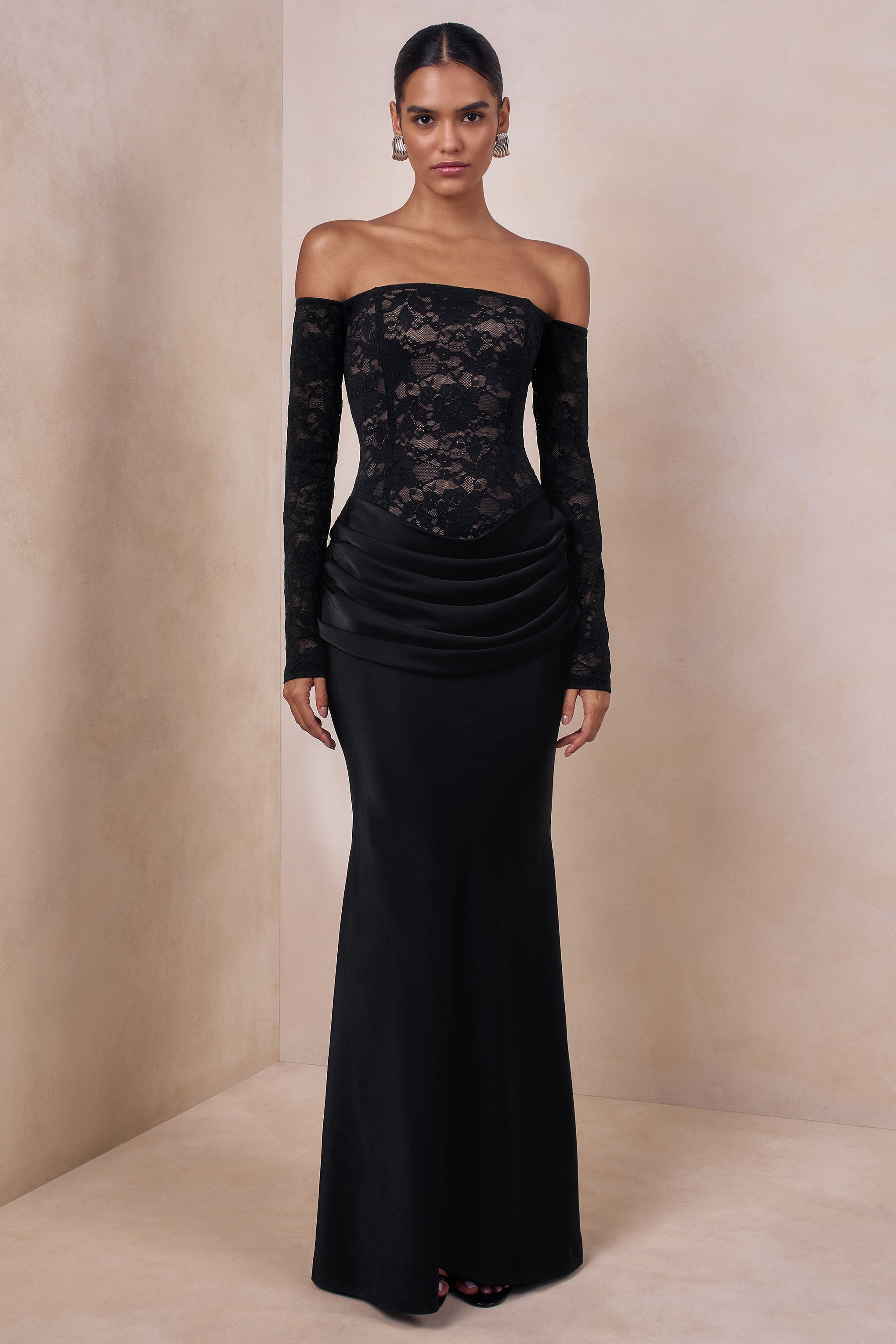 Rinna | Black Lace And Satin Bardot-Neck Maxi Dress – Club L London