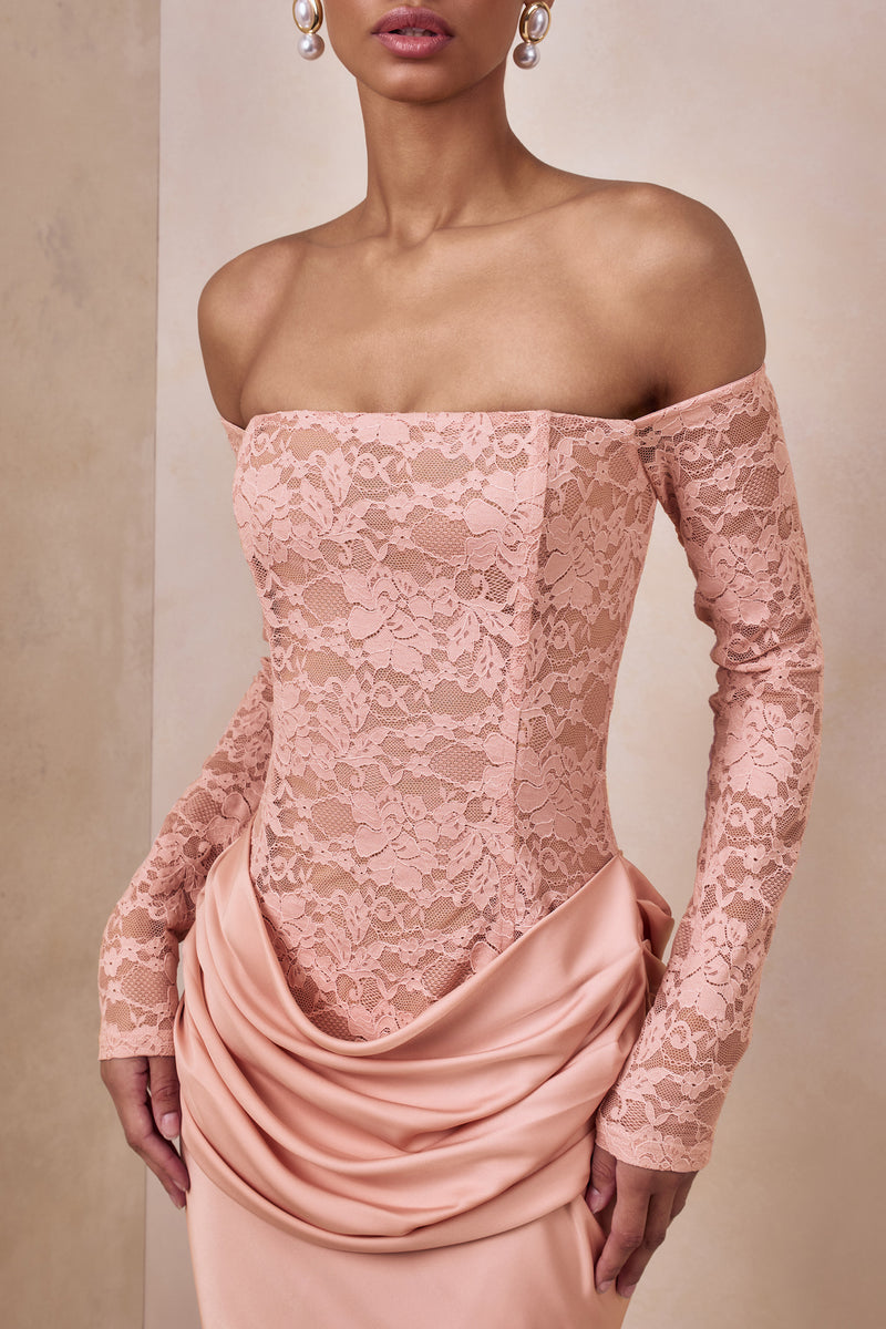 Rinna | PINK Lace And Satin Bardot-Neck Maxi Dress - UK 10 PINK Rinna | PINK Lace And Satin Bardot-Neck Maxi Dress - UK 10 PINK