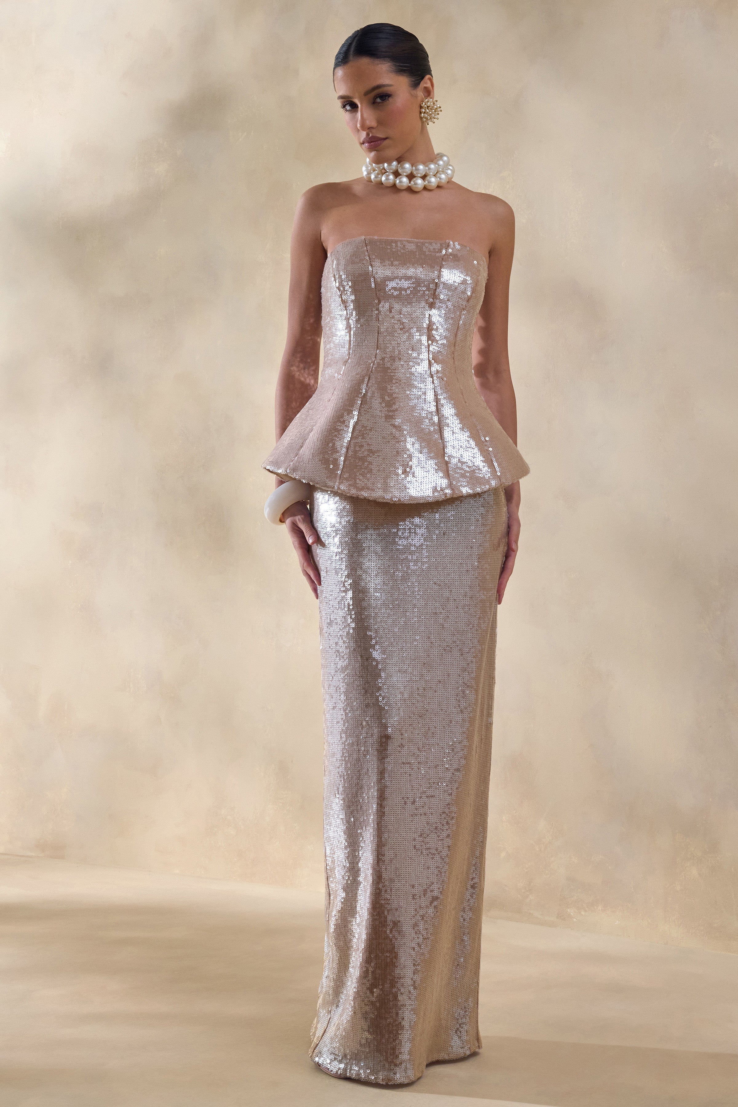 Dalisse | NUDE Sequin Bandeau Corset Maxi Dress
