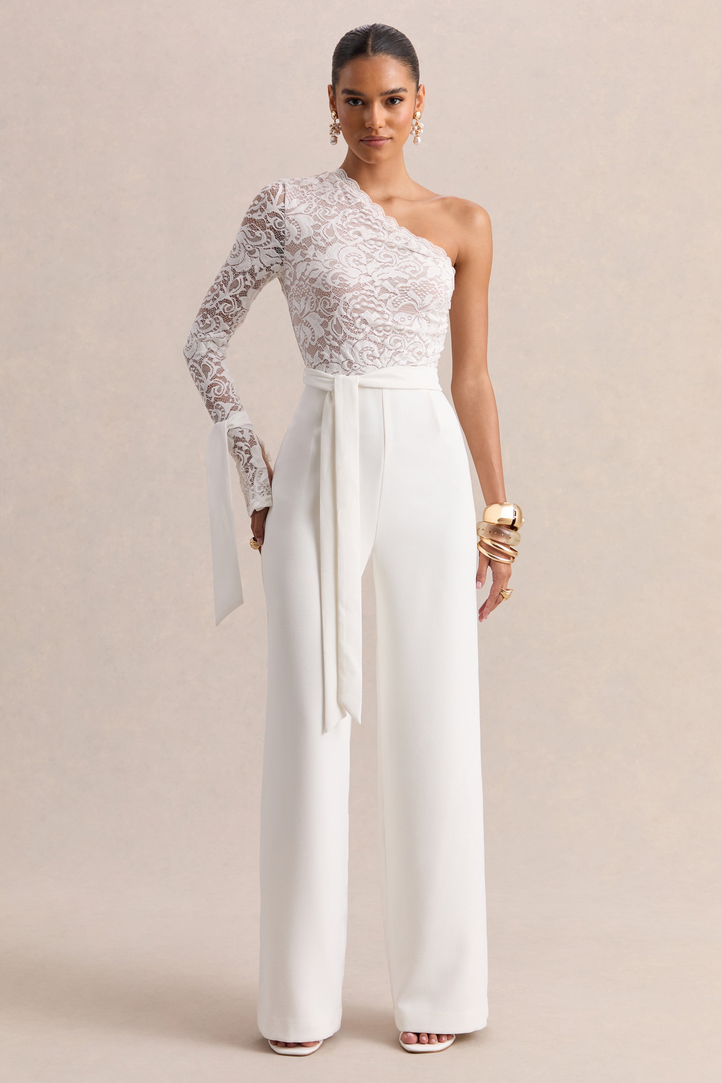 Clarence | White Lace Asymmetric-Neck Jumpsuit With Bow-Details