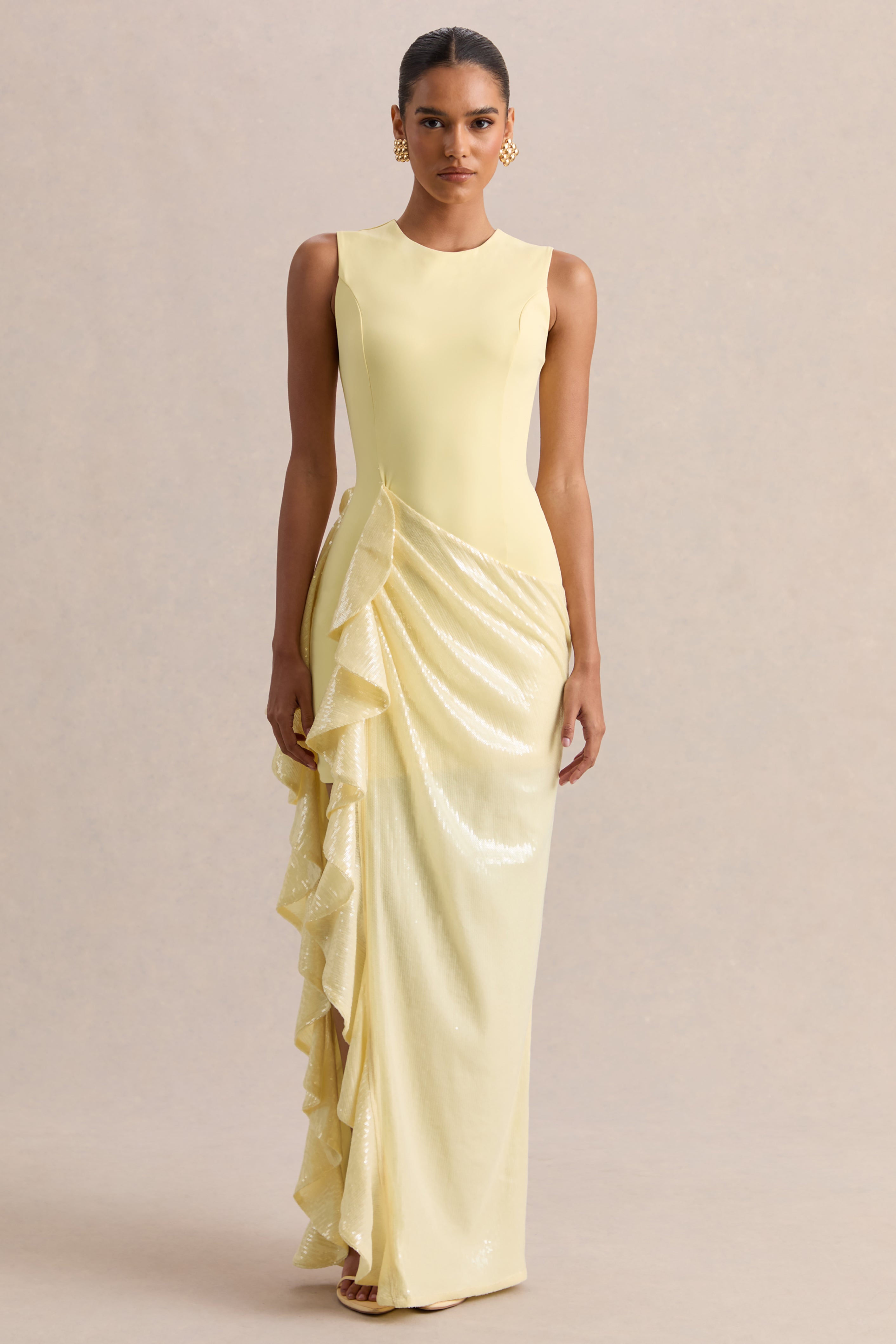 sheer ruffled maxi dress Ada | Lemon Crew-Neck Maxi Dress With Sheer Skirt And Ruffled Detailing
