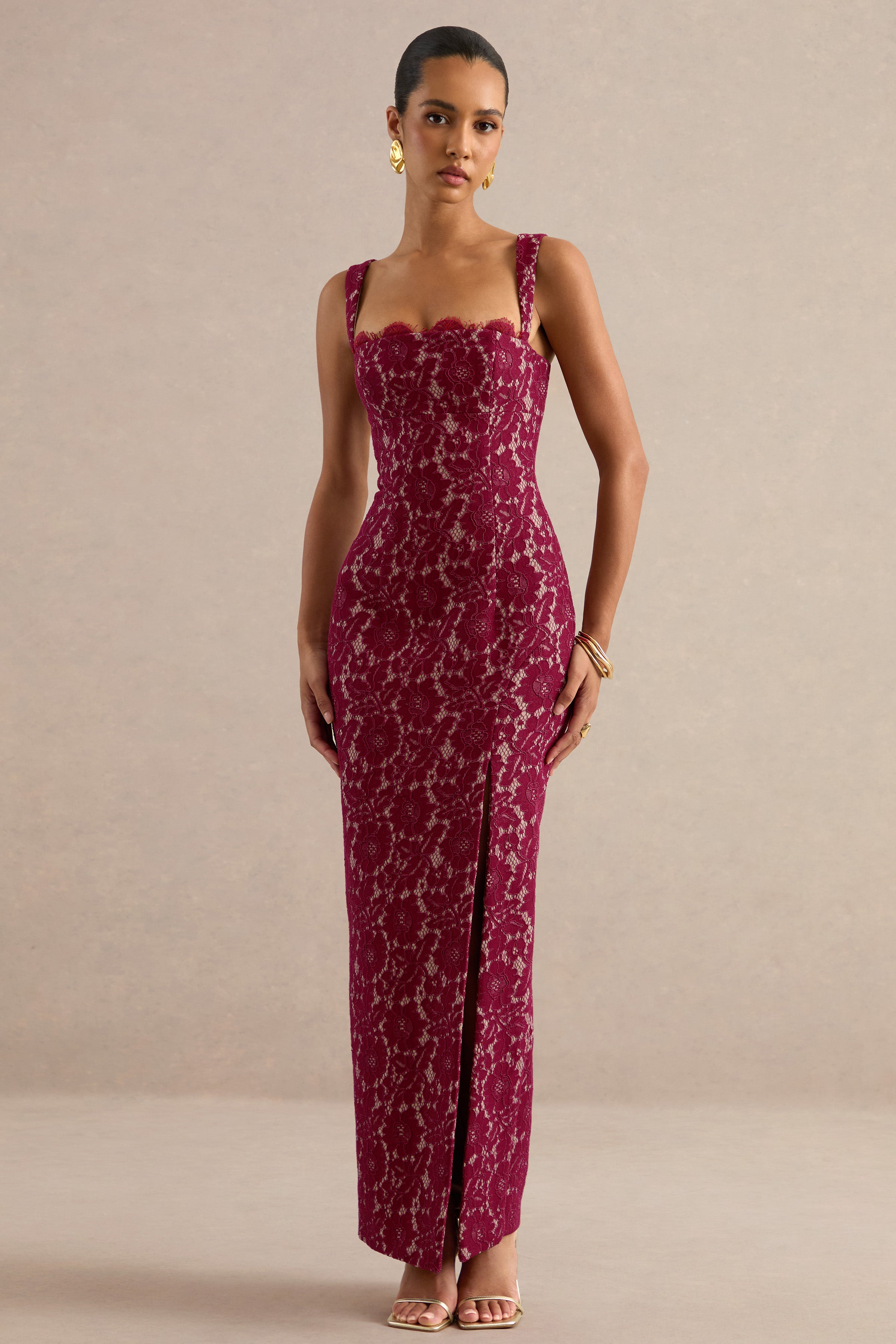 burgundy floral lace dress Zarisse | Square-Neck Maxi The Lace Floor-length hemline Royal Blue / White Size:32