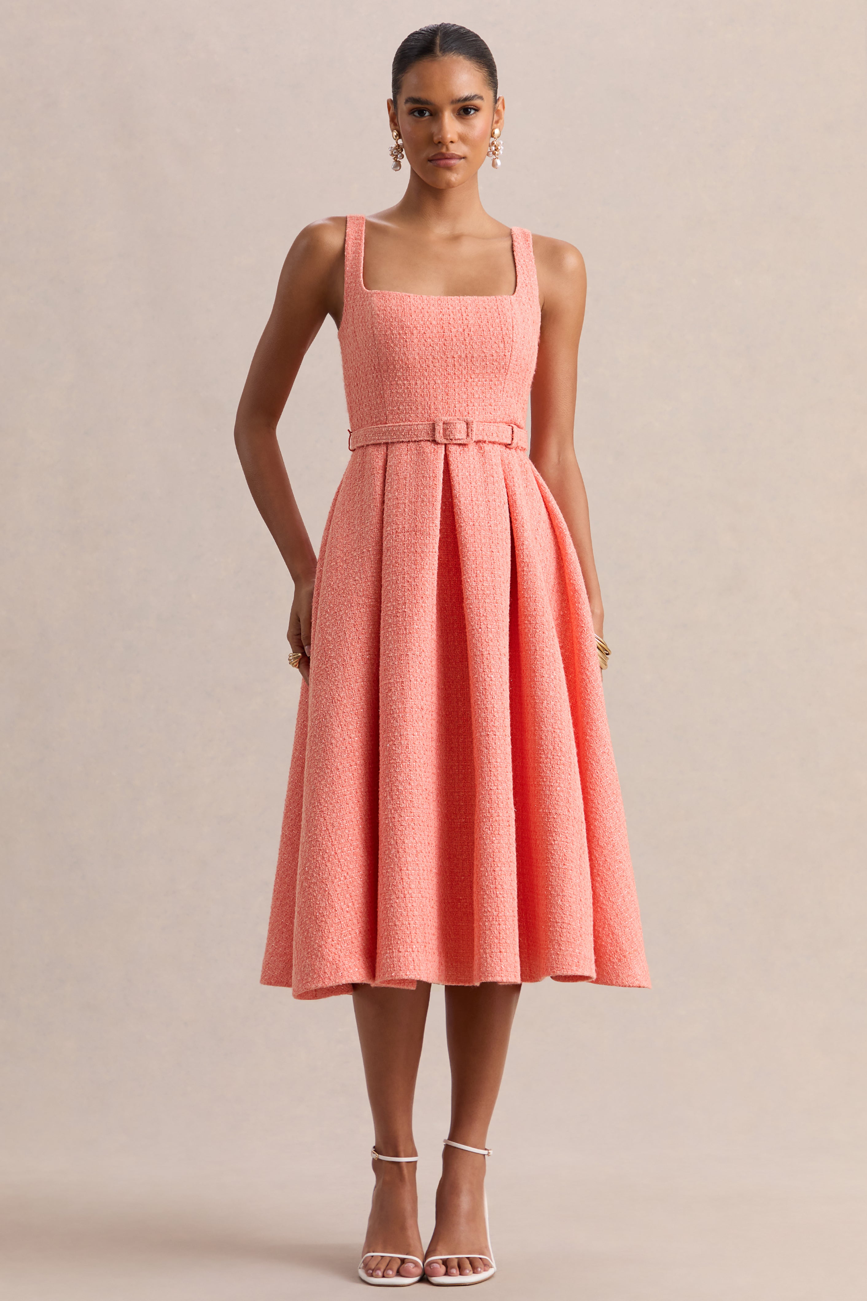 Camoria | Coral Boucle Square-Neck Midi Dress