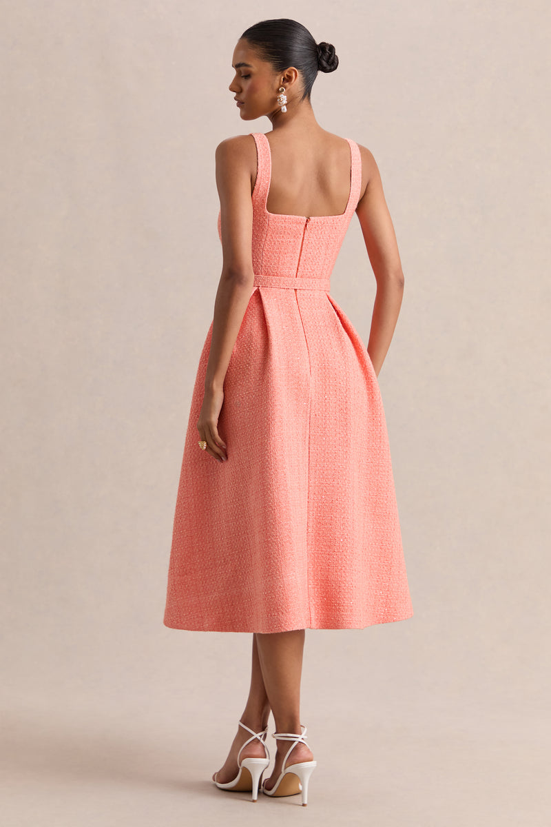 pink boucle midi dress Camoria | Coral Boucle Square-Neck Midi Dress