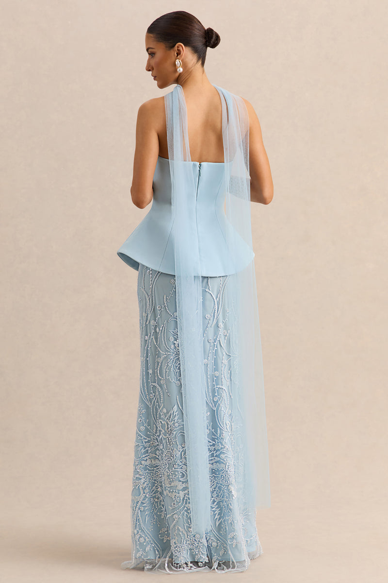 light blue dress with scarf Roma Airy Blue One-Shoulder Scarf Silk Dress – SILKROSE