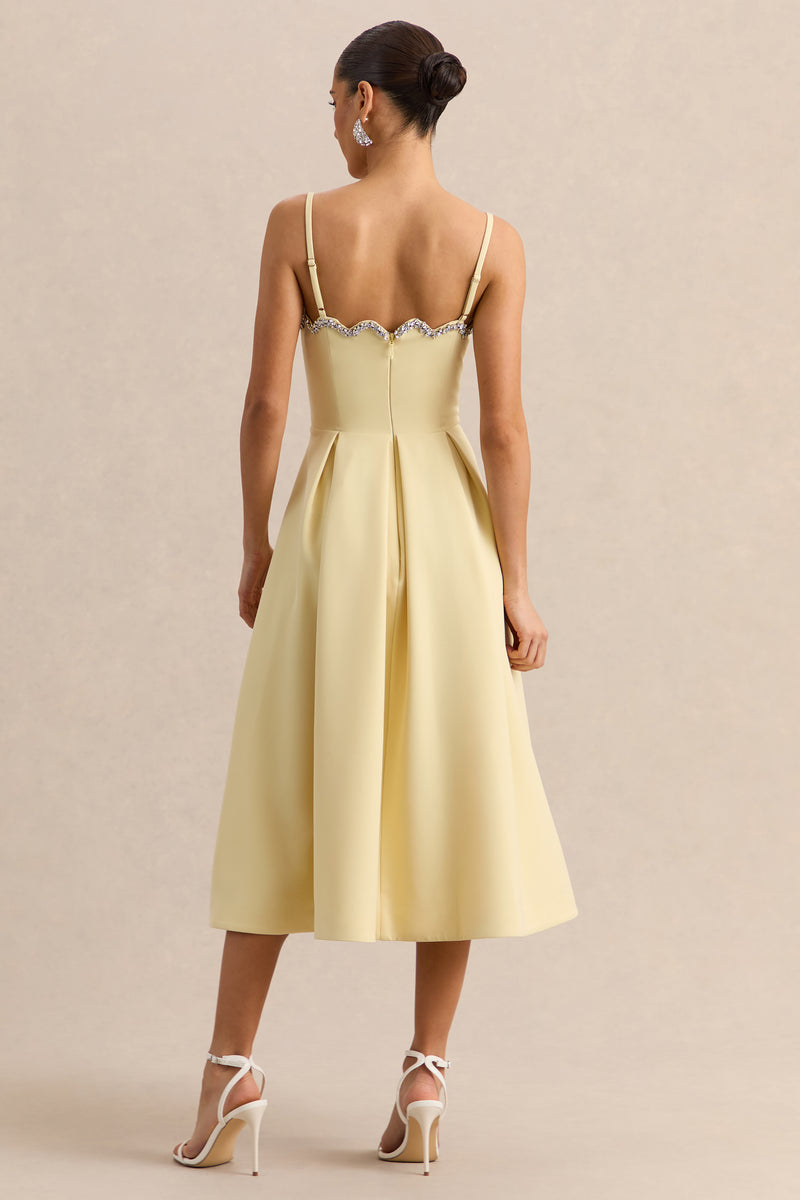 yellow midi dresses Evoria Lemon Scalloped Square-Neck Midi Dress – Club L London