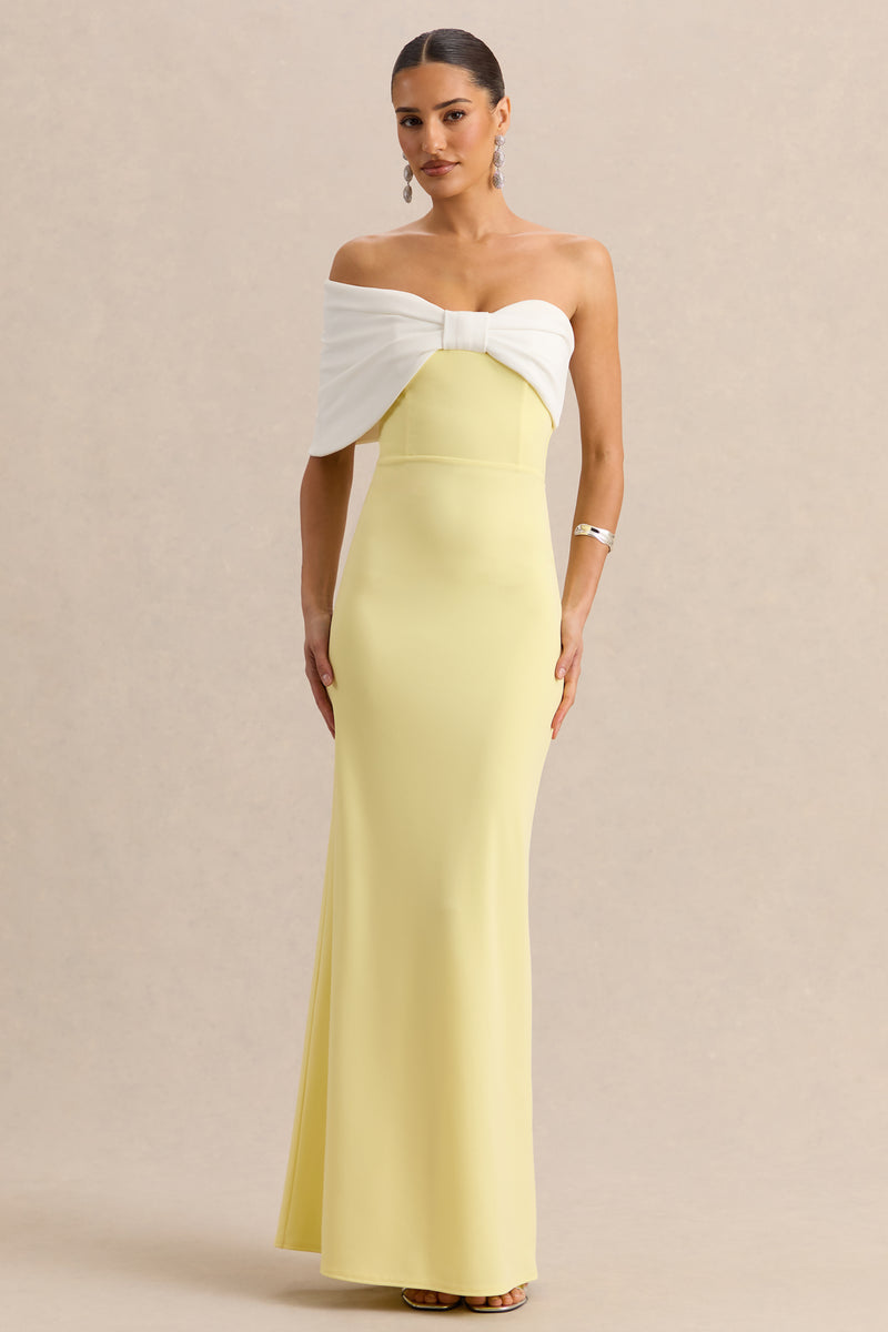 yellow bardot maxi dress Agatha | Lemon & White Bow Bardot-Neck Maxi Dress