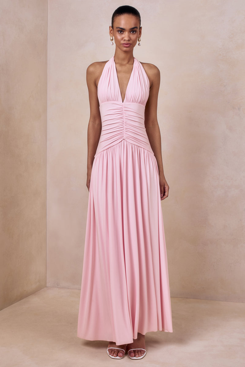 Bettina Pink Plunge-Neck Maxi Dress With Gathered-Detailing – Club L London 