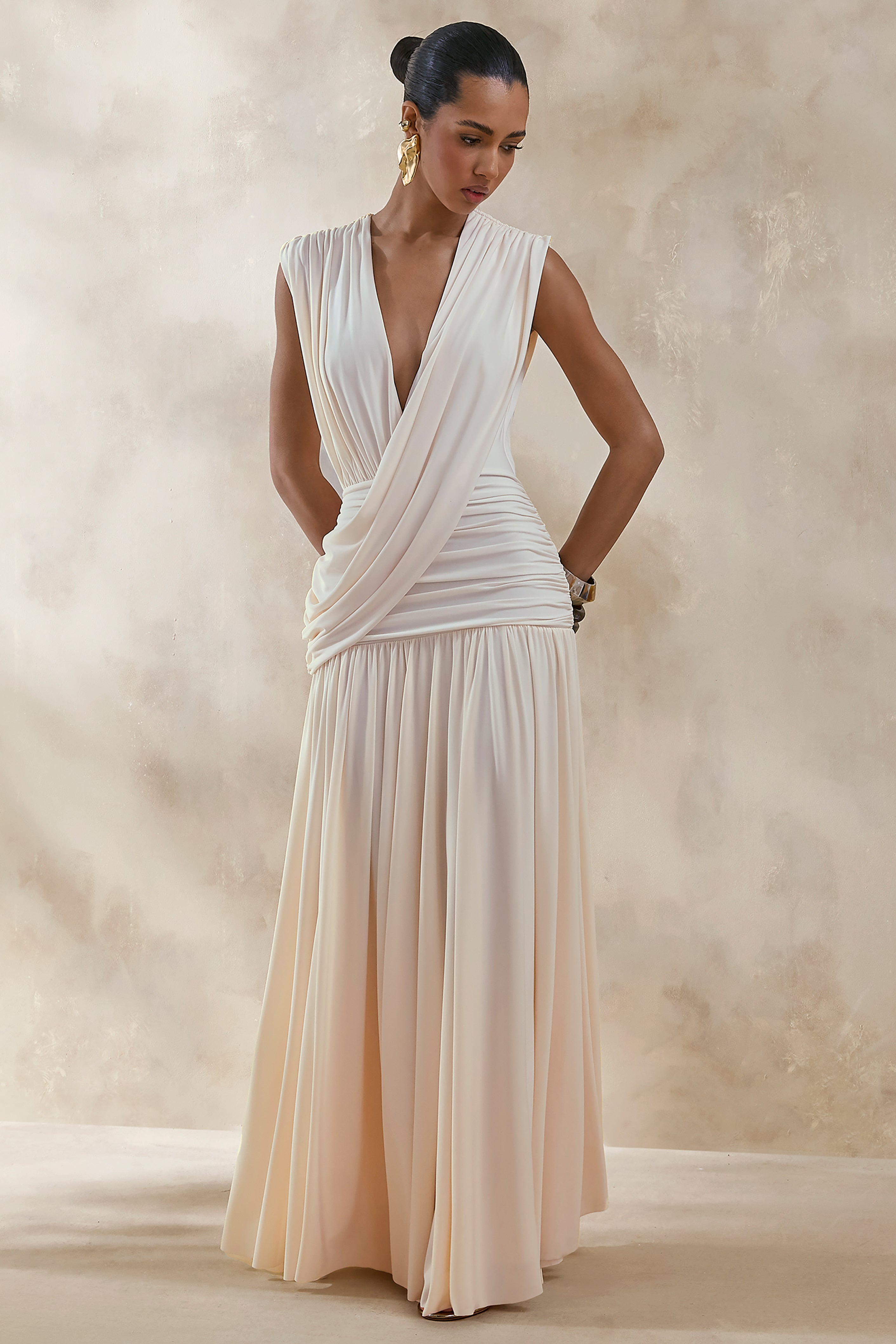 petite plunge drape maxi dress Chocolate PrettyLittleThing Double Layer Slinky Deep Plunge Drape Maxi Dress