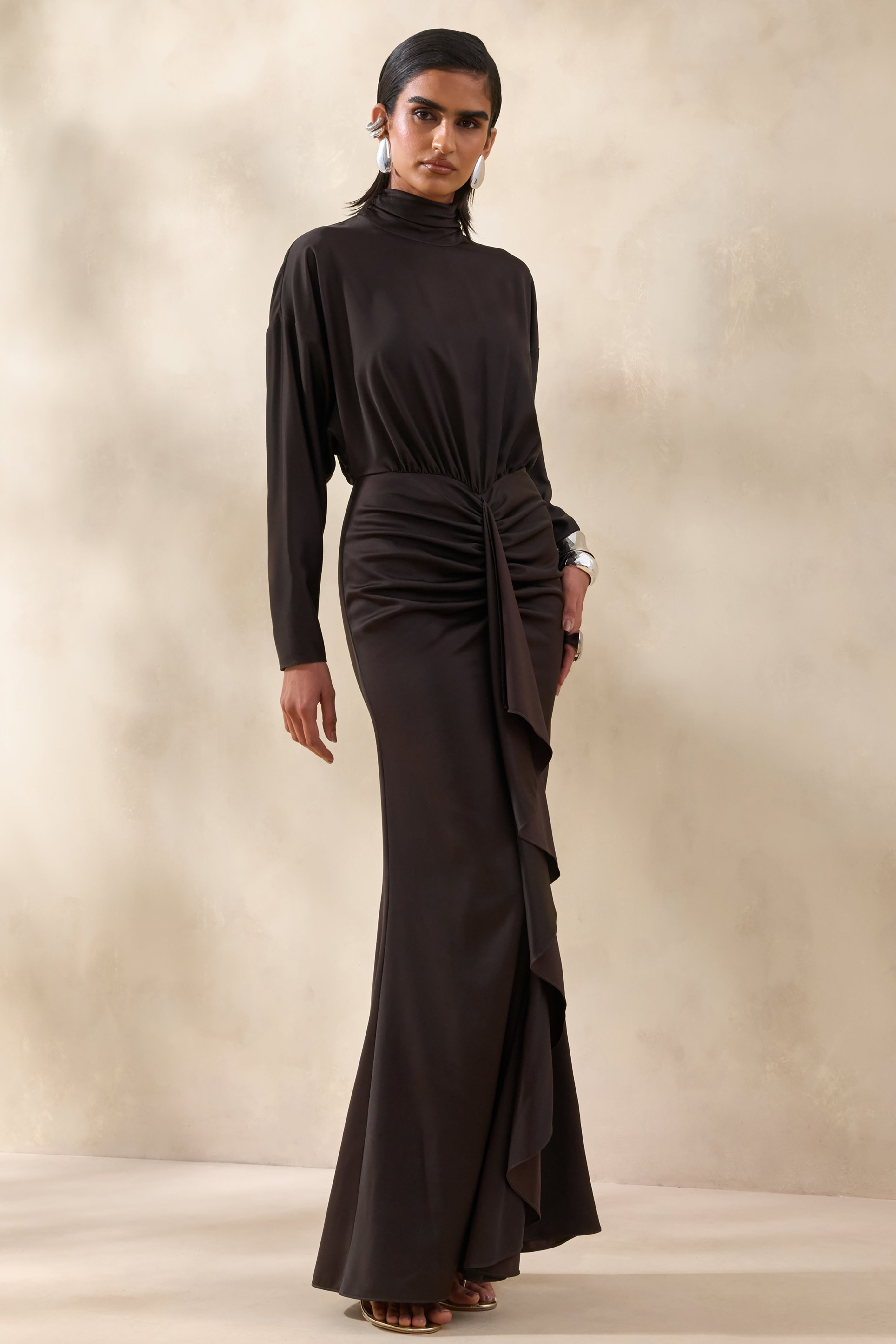 dark brown maxi dress Perla | High-Neck With Gathered-Detailing – Club L London Hang To Dry