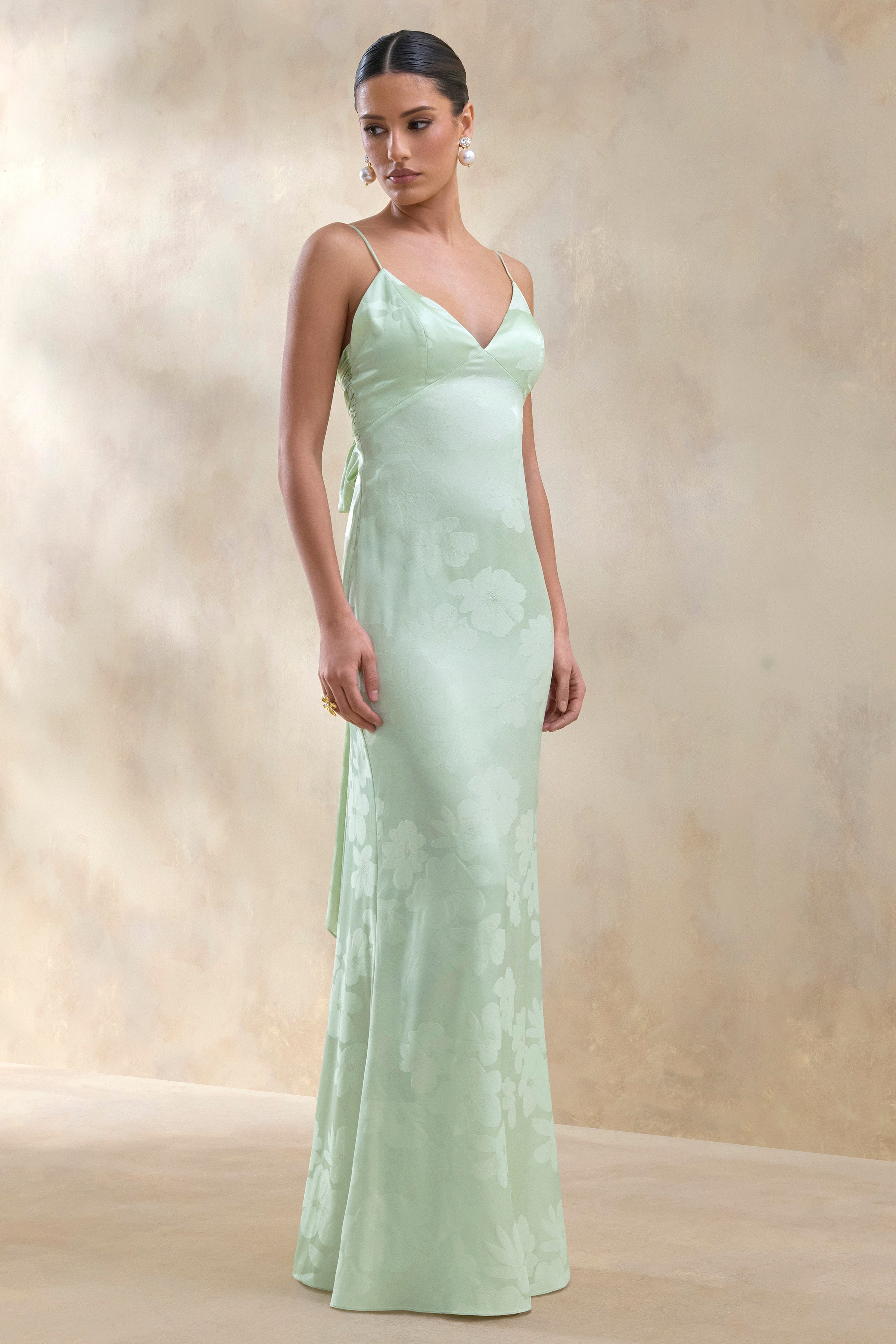 drop waist satin dress Carelle | Green Plunge-Neck Maxi With Asymmetric Drop-Waist while the statement back cleanout Free People Gold Rush Set Option:Dress/Dusty Rose Flower Sash
