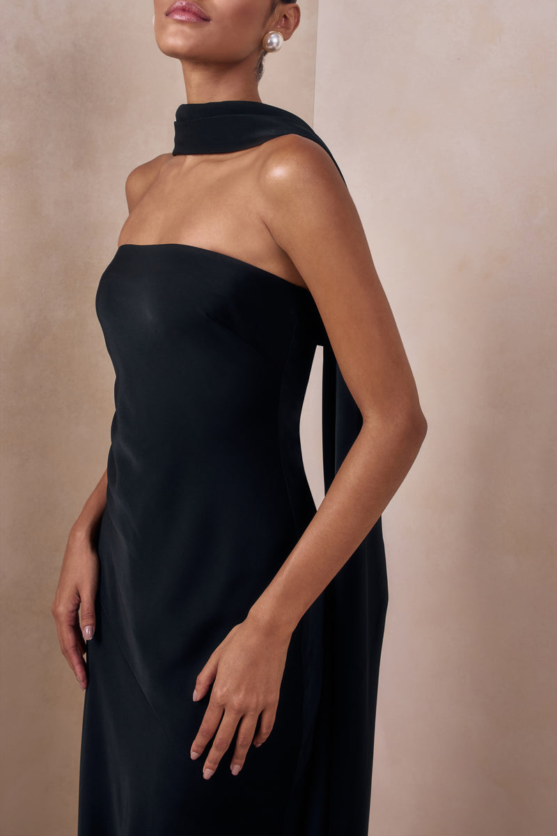 black satin sheath dress Draped Halterneck Satin Mini Dress in Black - 4 main image 0