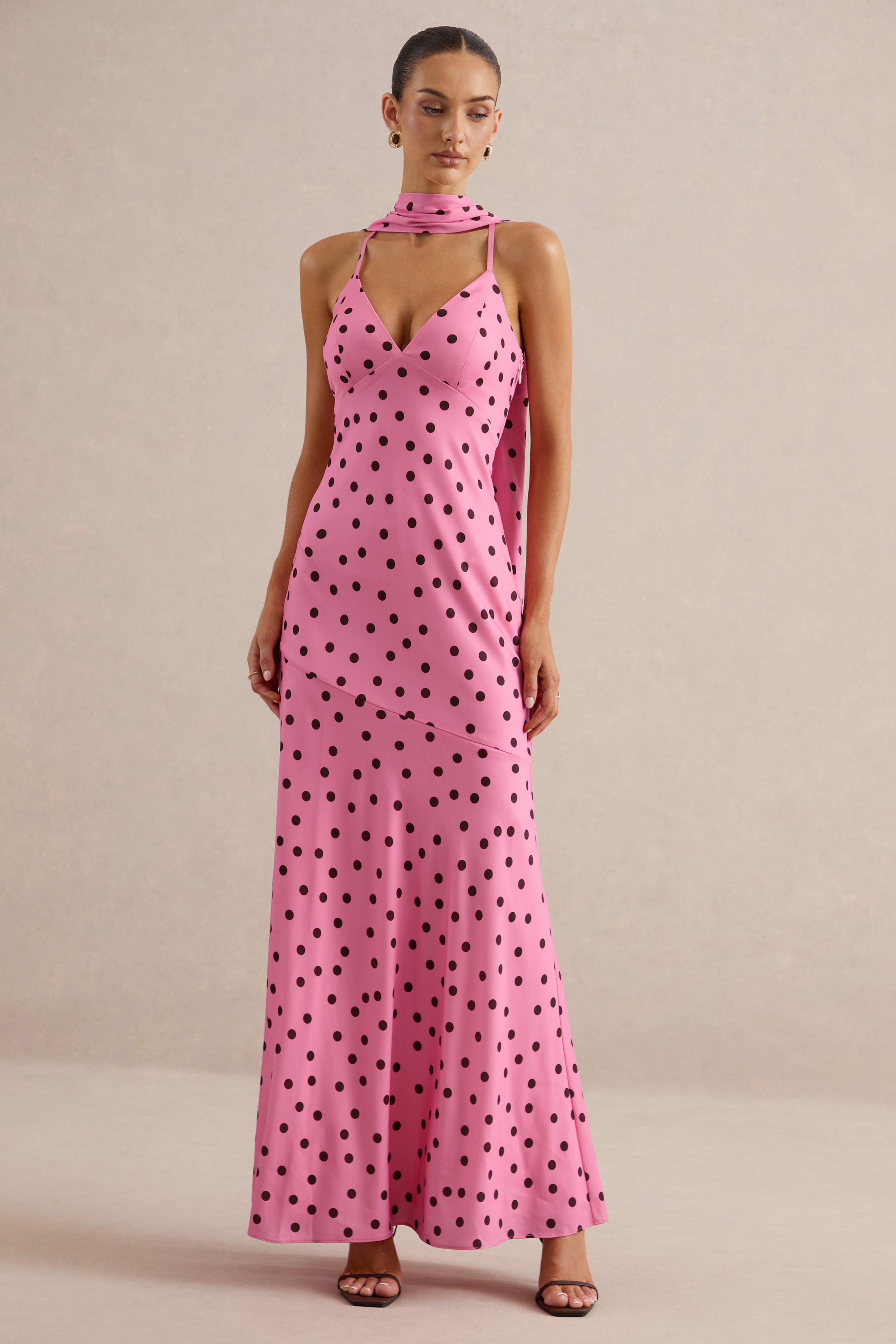 Starling | Pink & Black Polka Dot Matte Satin Plunge-Neck Maxi Dress W – Club L London