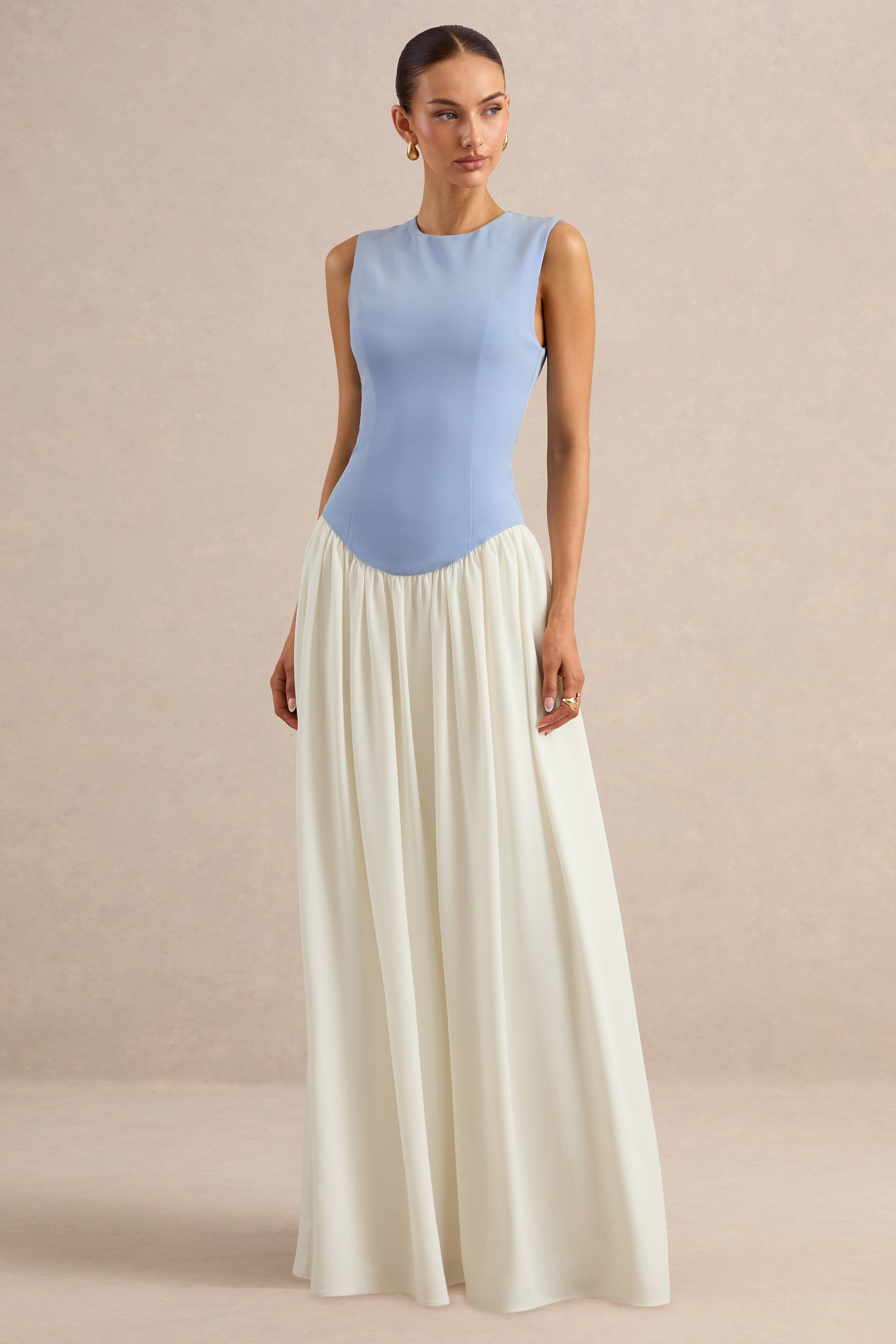 Iliana | Powder Blue And White Crew-Neck Maxi Dress With Drop-Waist An – Club L London