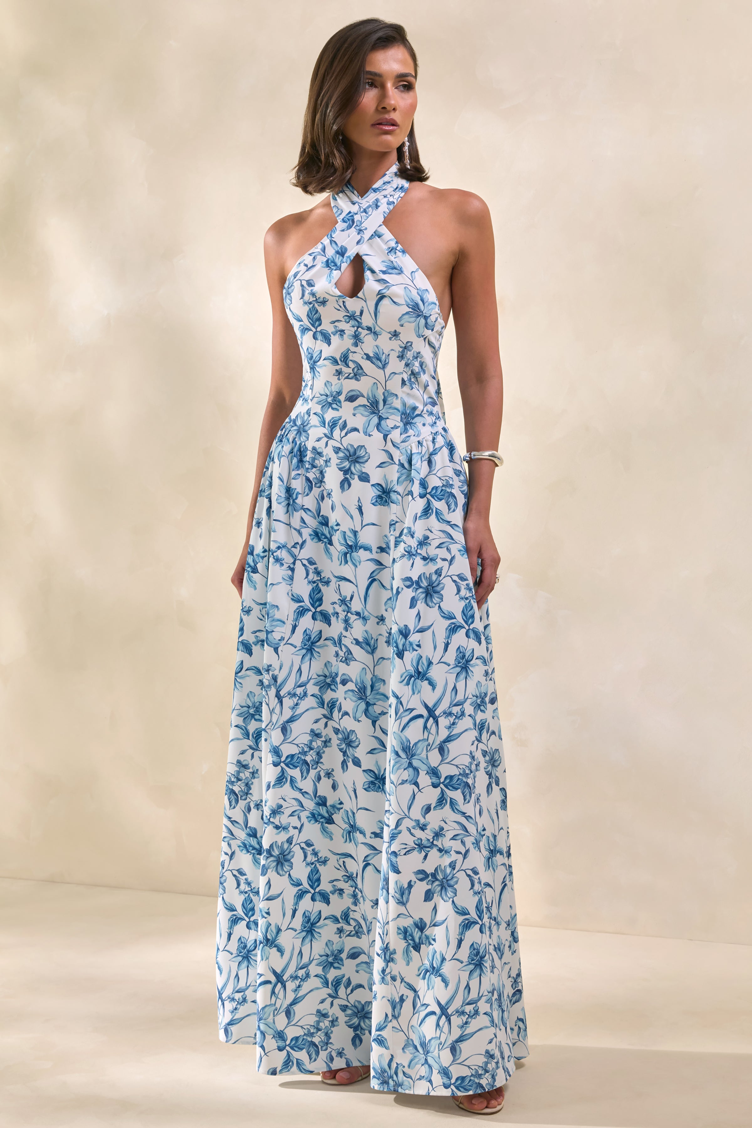 Liana | BLUE Porcelain Print Halter-Neck Maxi Dress
