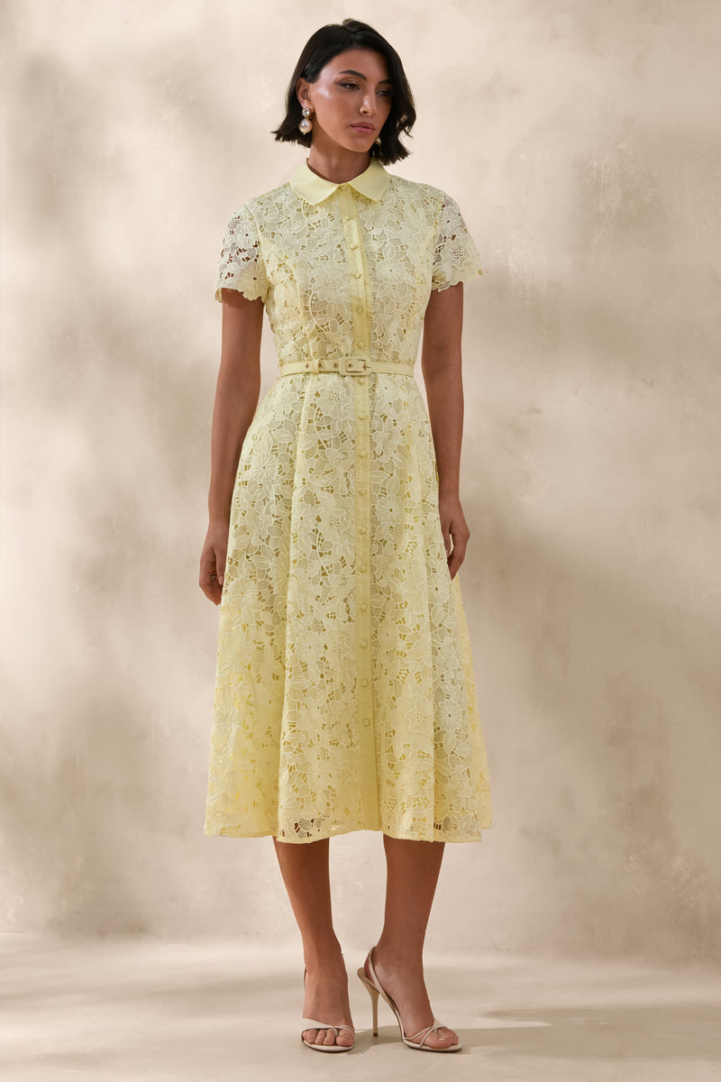 Zalie Yellow Lace High-Neck Belted Midi Dress – Club L London