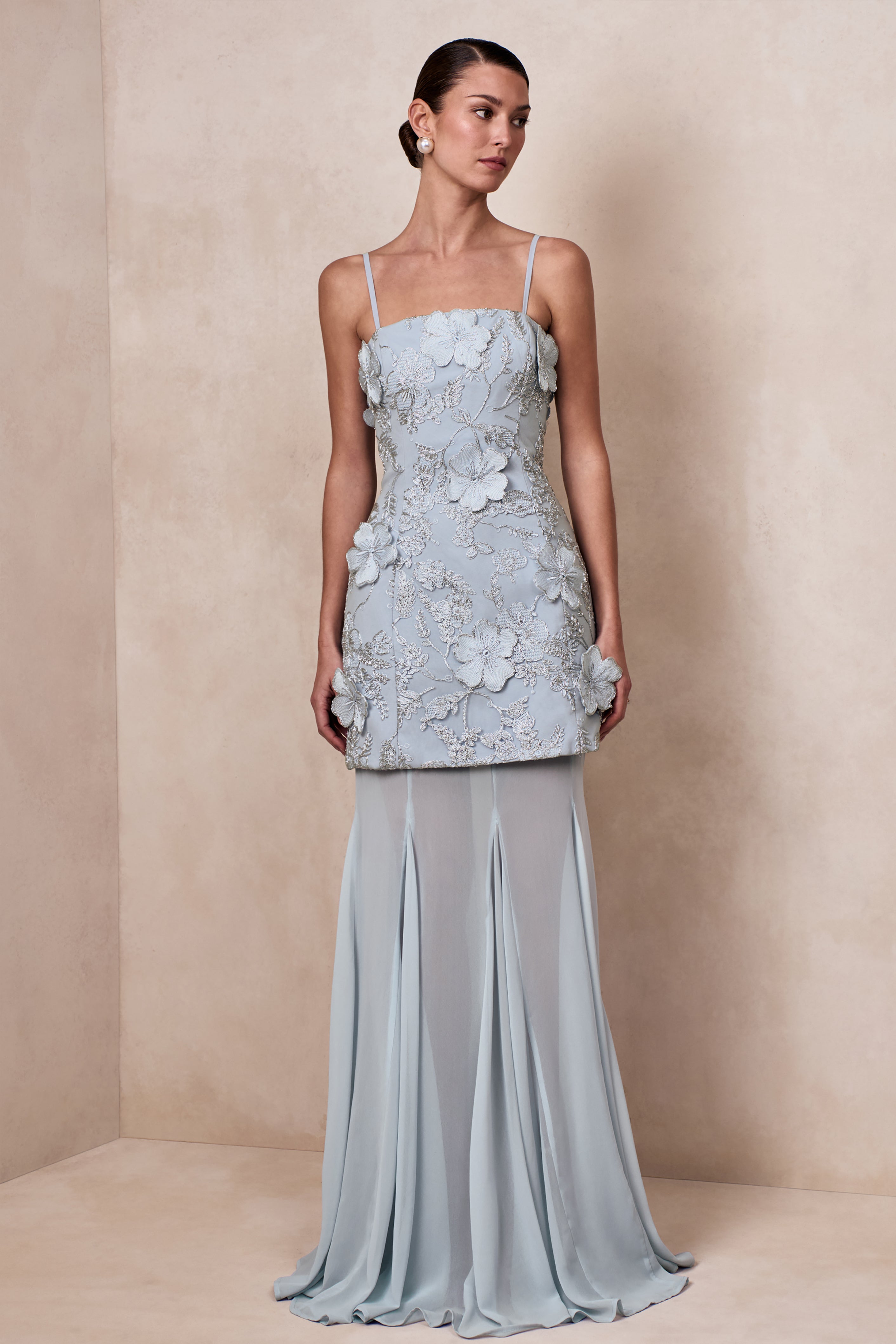 Nessa | Light Blue 3D Floral Square-Neck Maxi Dress With Sheer
