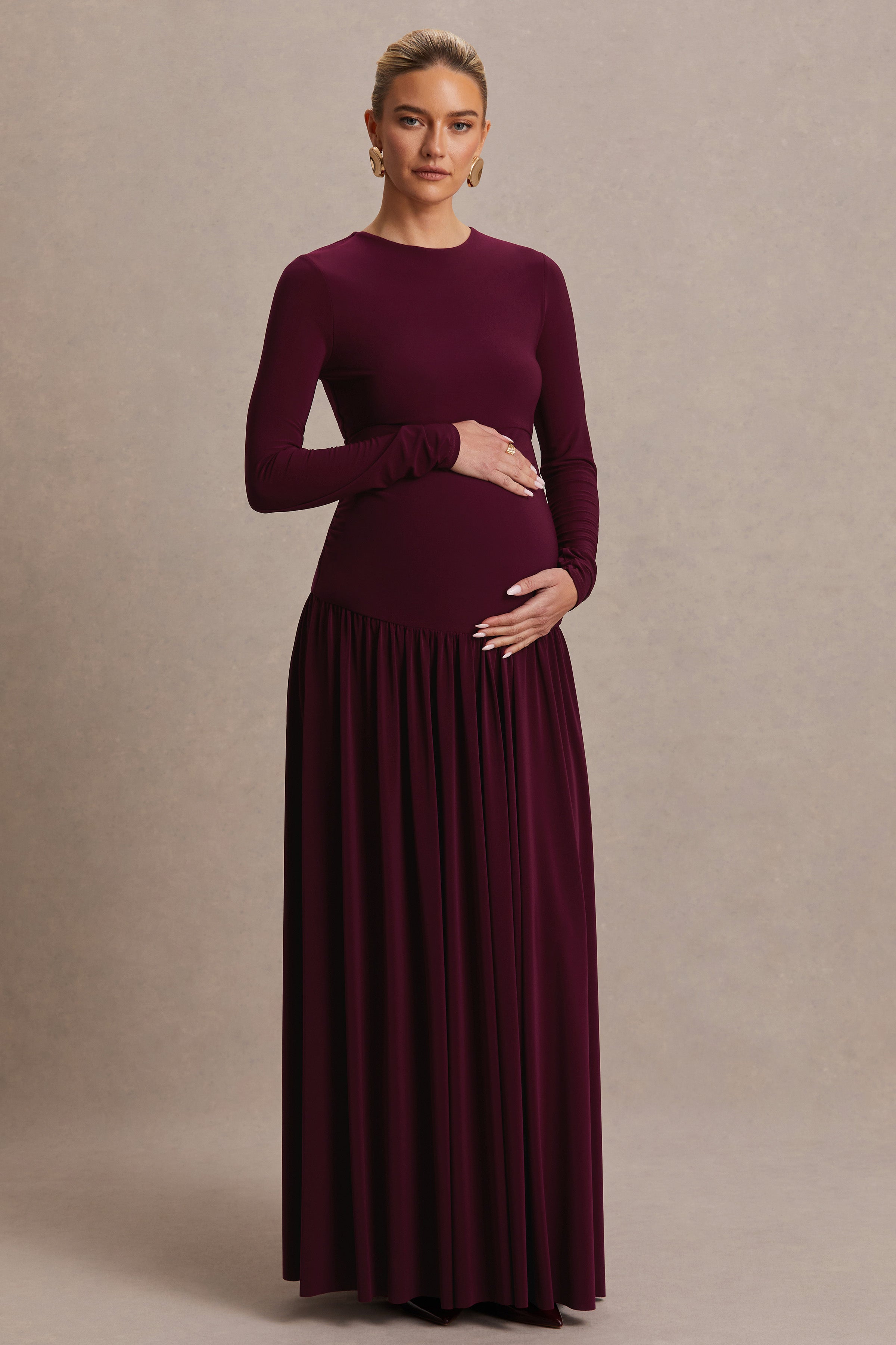 burgundy floral maternity dress Floral Off The Shoulder Ruffle Maternity Dress With Ruched Sides DENIM / LARGE