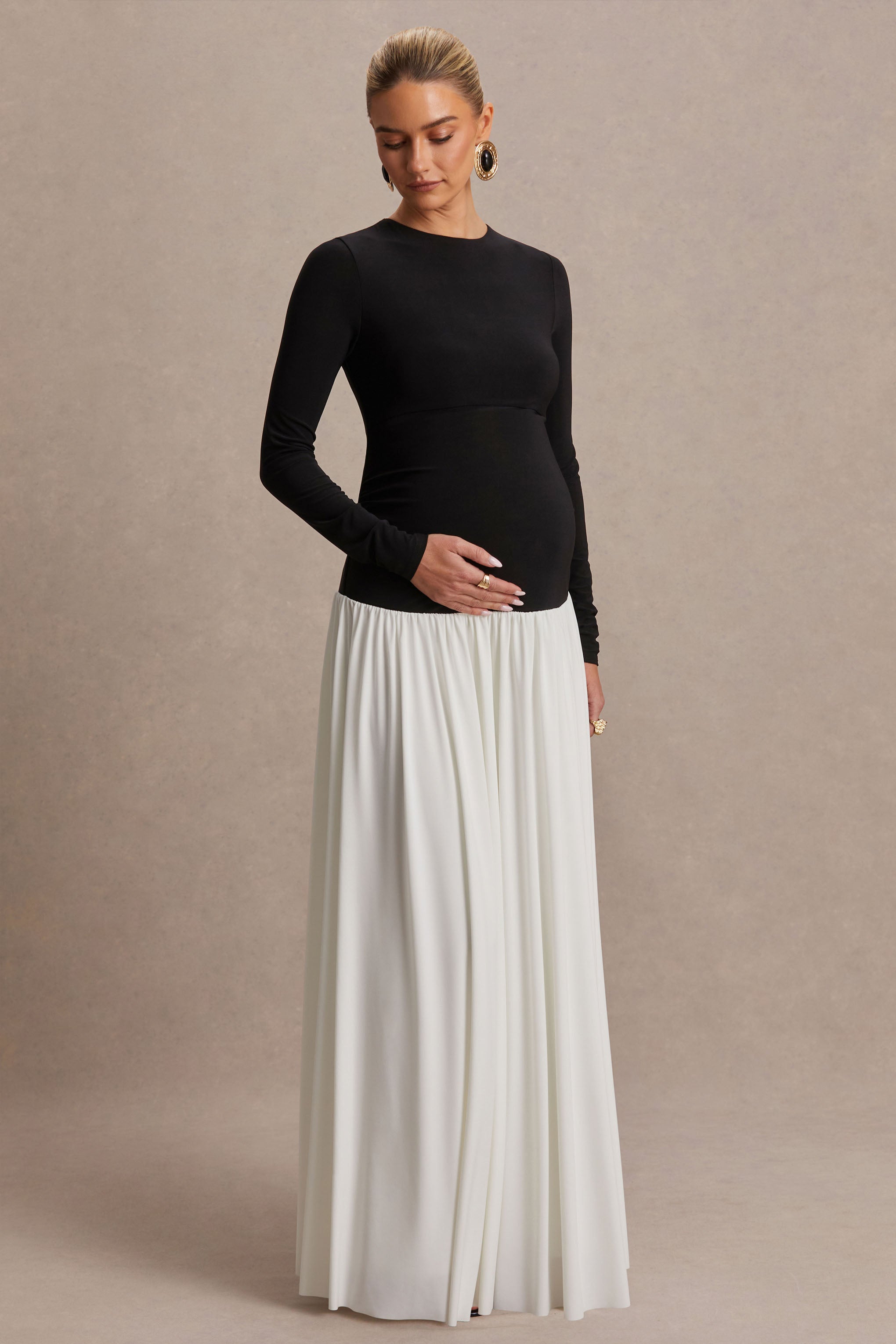 black and white pregnancy dresses Monroe | Crew-Neck Maternity Maxi Dress With Drop-Waist Color:SMOKY-BLUE Organza A-line wedding dress 4% Elastane. pcat-361