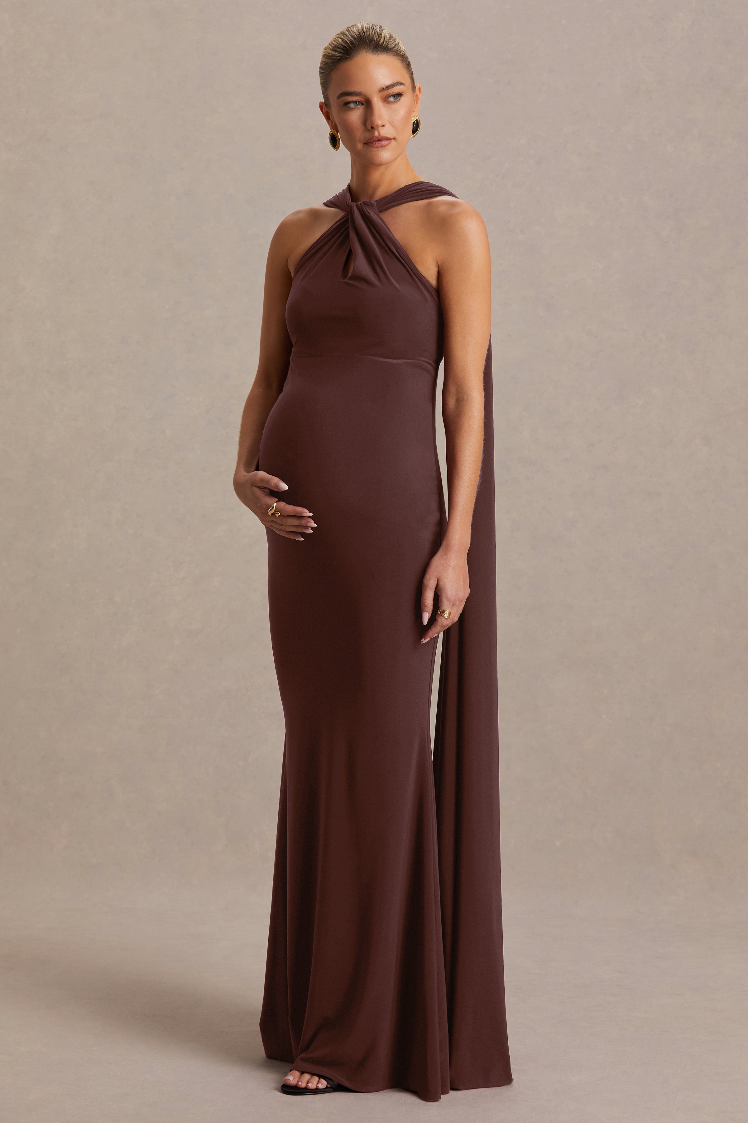 Lyra | Brown Cross Halter-Neck Maternity Maxi Dress With Cape