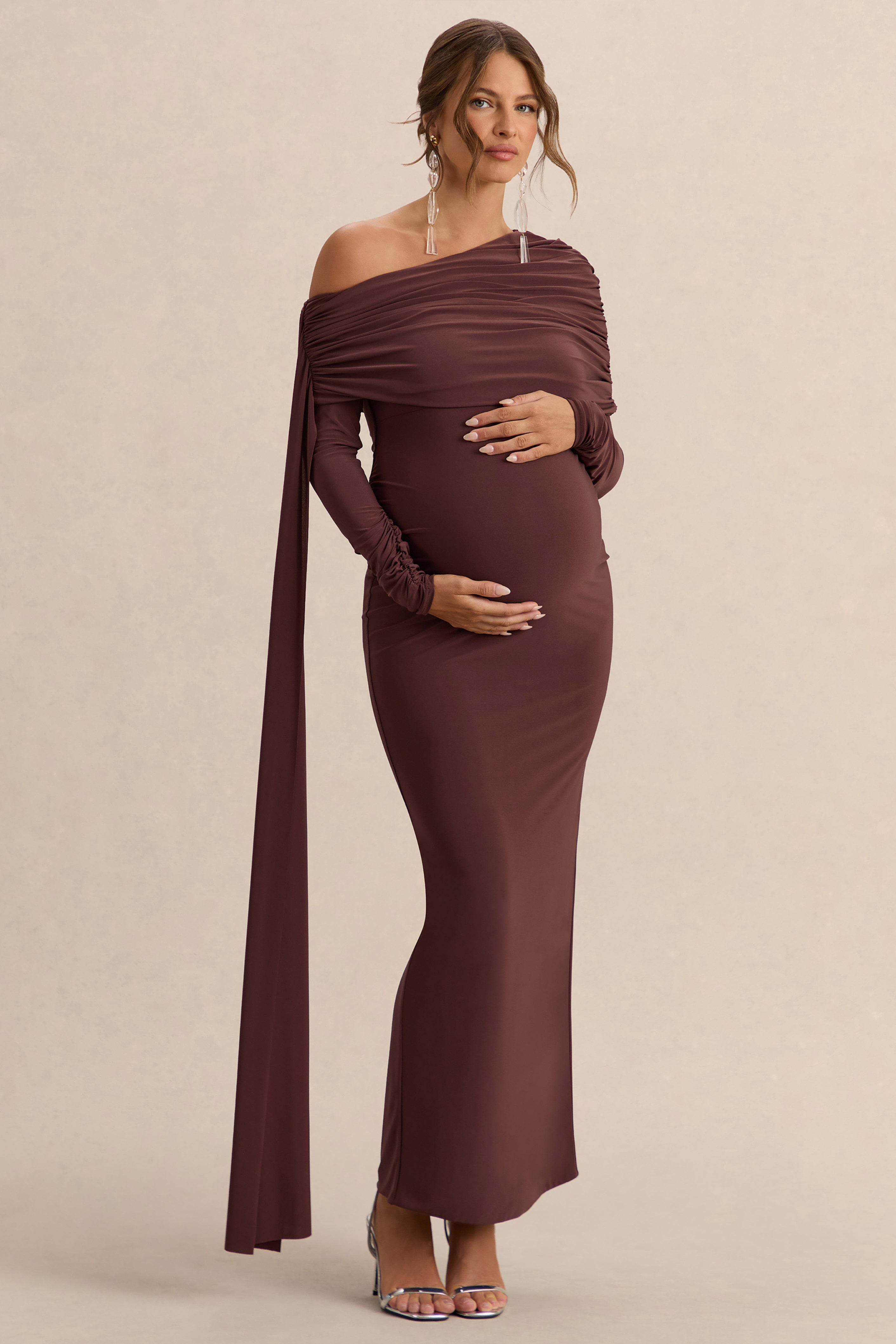 brown maternity dress for baby shower Cyra | Asymmetric-Neck Maxi With Sash while the stretchy Satin Bhs Bridesmaid Dresses Size:Regulr(0-14) Details_Back Slit