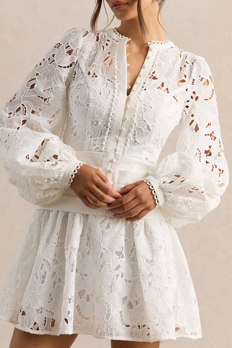petite white dresses with sleeves Helena White Crew-Neck Mini Dress With Puff-Sleeves and Pleated Skir – Club  L London