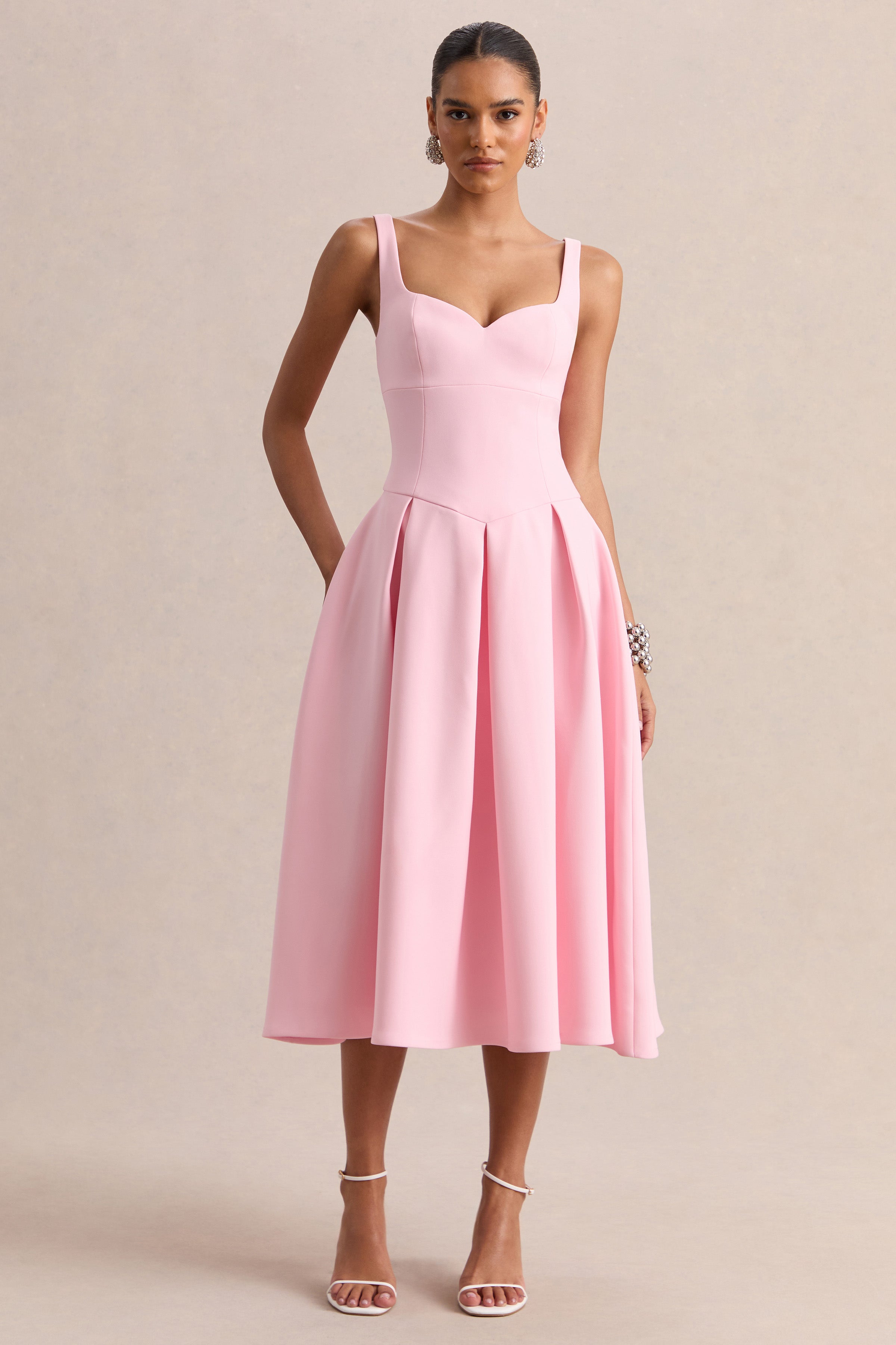 Greta | Light PINK Sweetheart-Neck Midi Dress