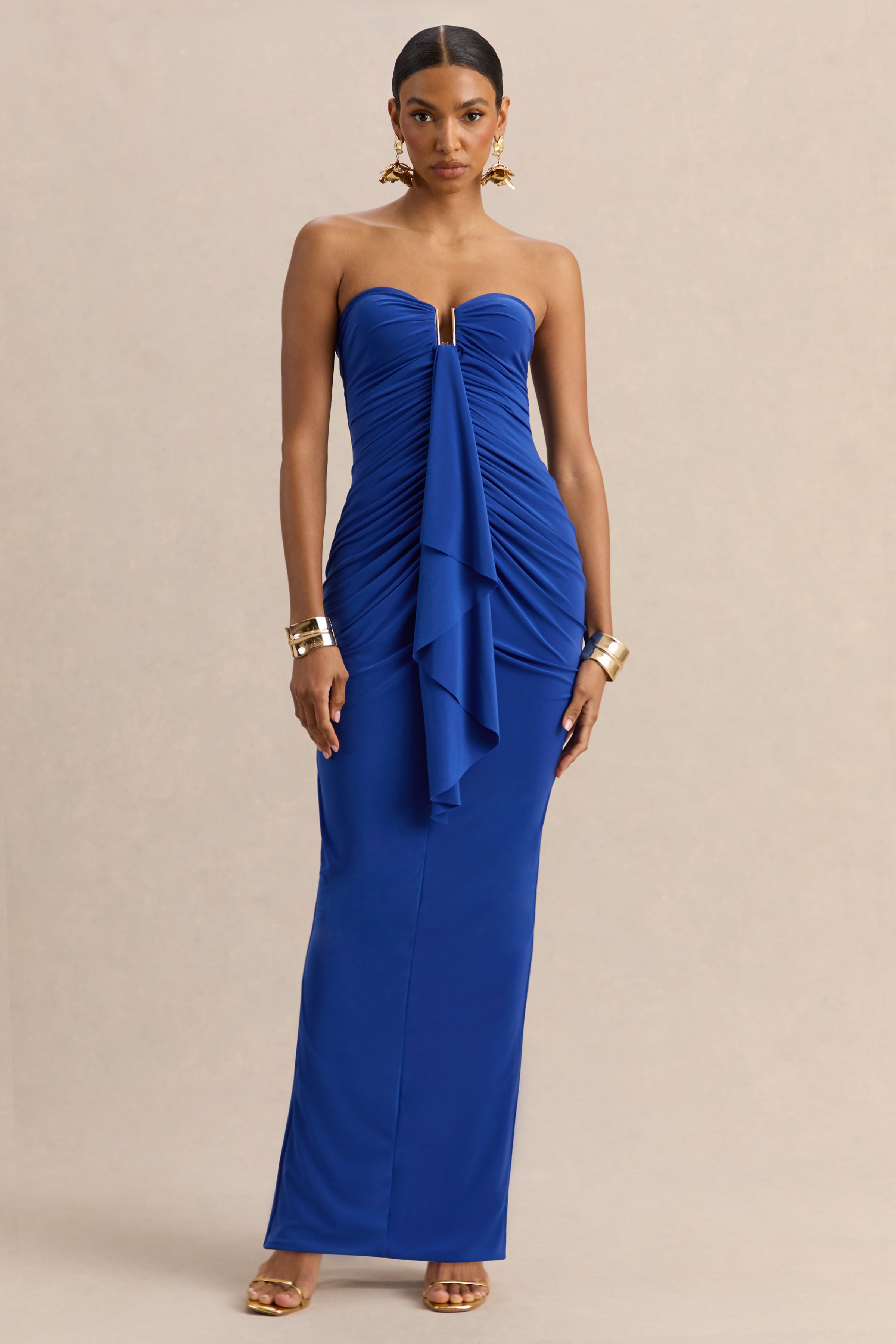 Chloe | Blue Bandeau Maxi Dress With Ruffled Detailing