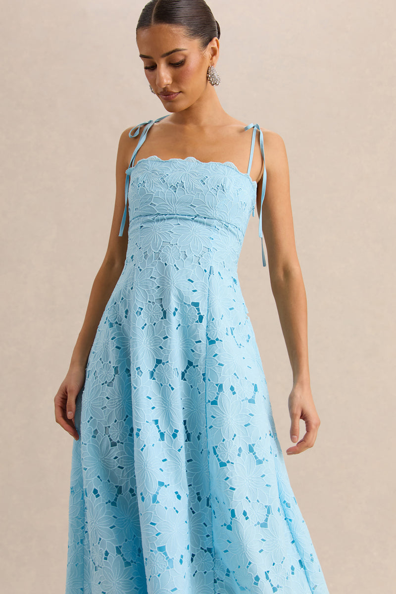 Anna | Embroidered Powder BLUE Square-Neck Midi Dress - UK 12 LIGHT BLUE Anna | Embroidered Powder BLUE Square-Neck Midi Dress - UK 12 LIGHT BLUE