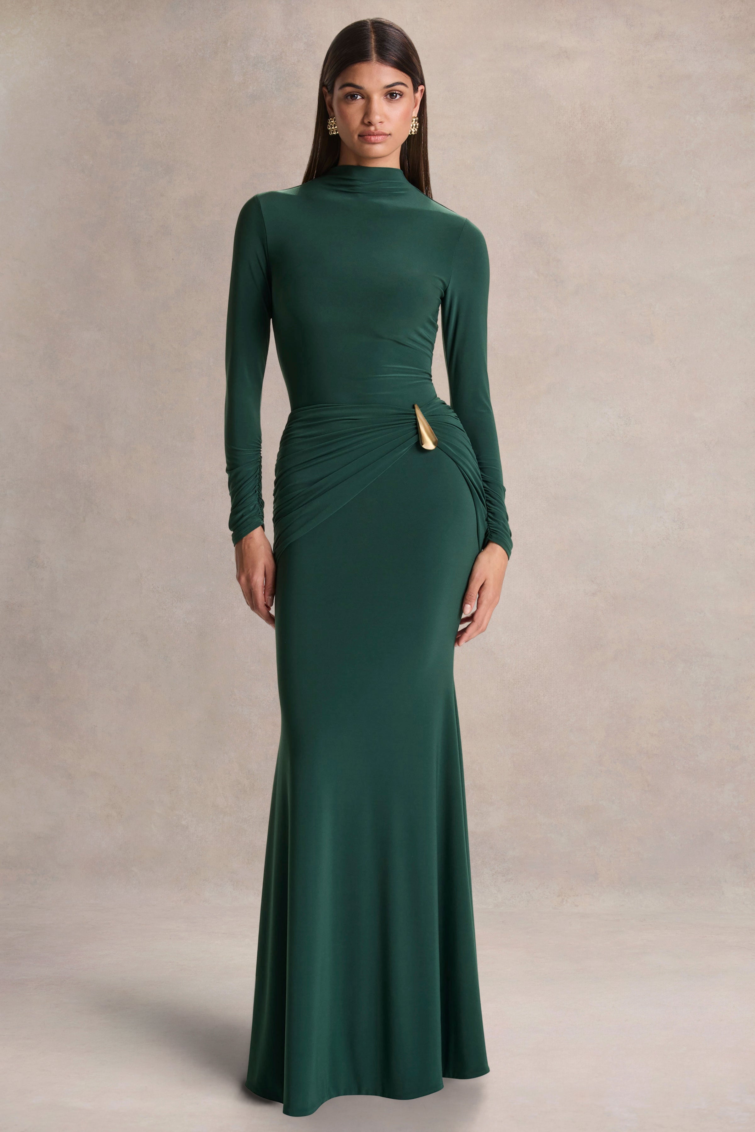 long dress long sleeve Solarium | DARK Green Long-Sleeve Maxi With Gold Detail IDOE Fresh In: Sea Island None Embellishment Size:XS (0/2)