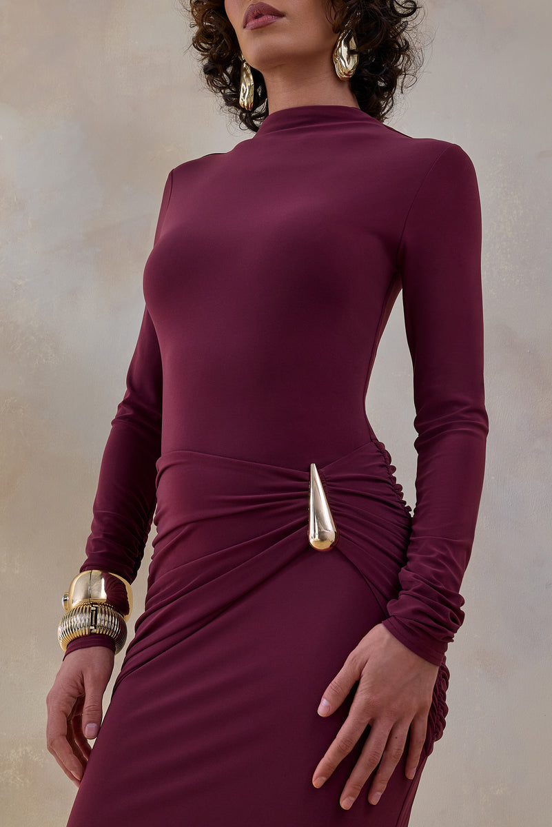 Solarium | Burgundy Long-Sleeve Maxi Dress With Gold Detail - UK 16 Burgundy Solarium | Burgundy Long-Sleeve Maxi Dress With Gold Detail - UK 16 Burgundy