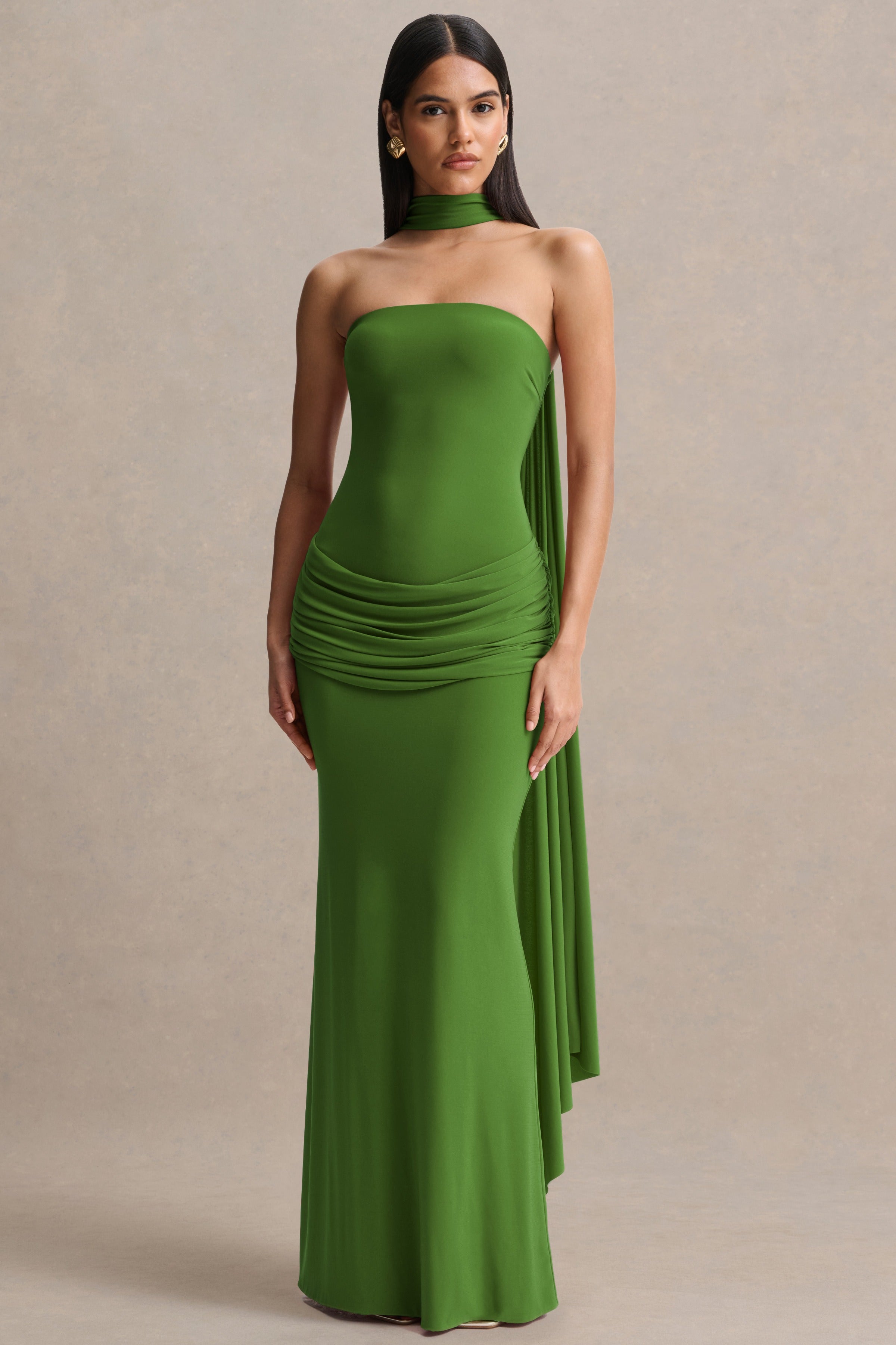 emerald green bandeau folded detail extreme split maxi dress Graciella Evening gown