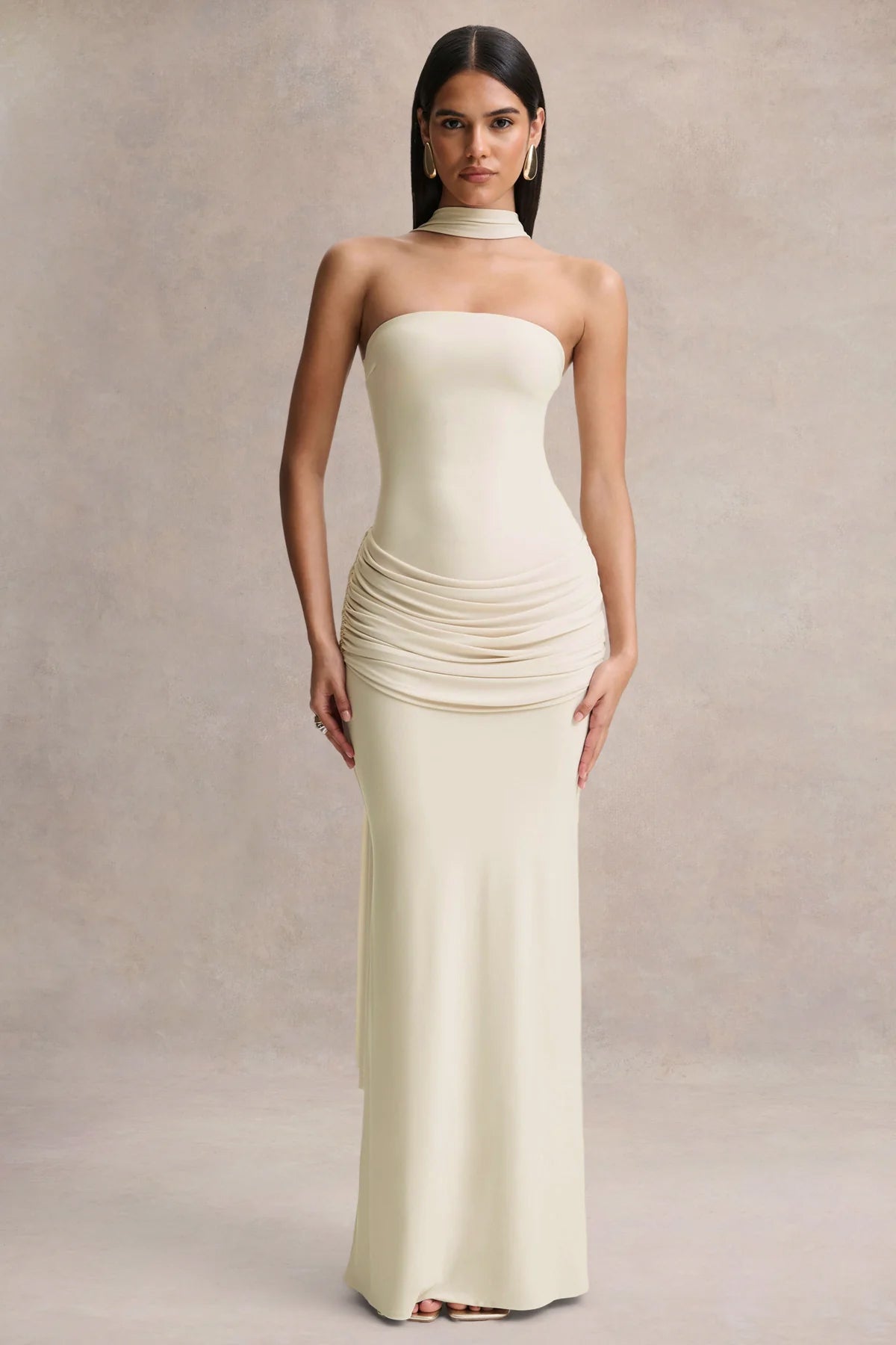 owen cream crepe bandeau dress Women's PLT Label Cream Mesh Drape Bandeau Maxi Dress