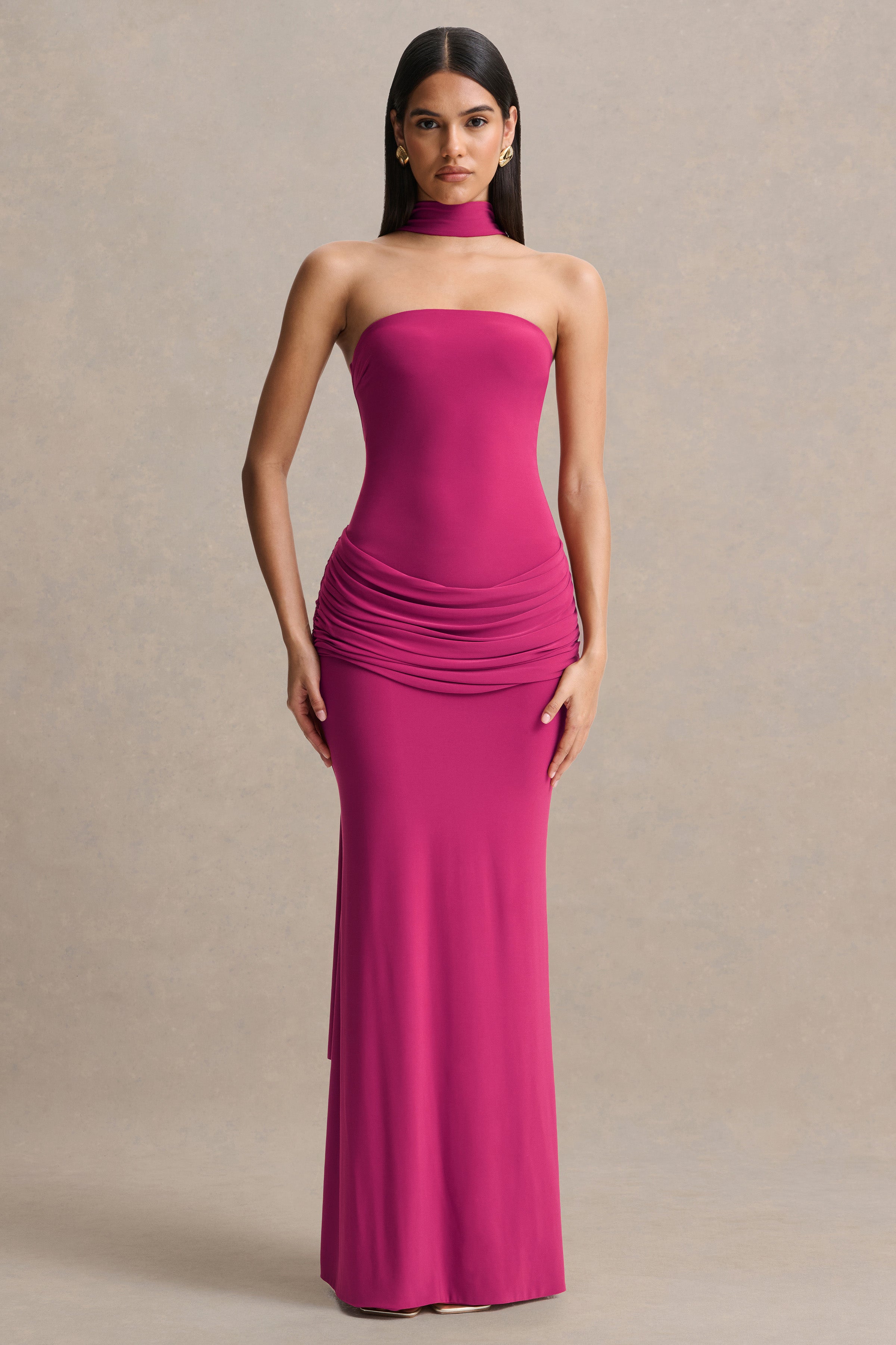 strapless hot pink maxi dress Hot Pink Strapless Maxi Dress With Slit