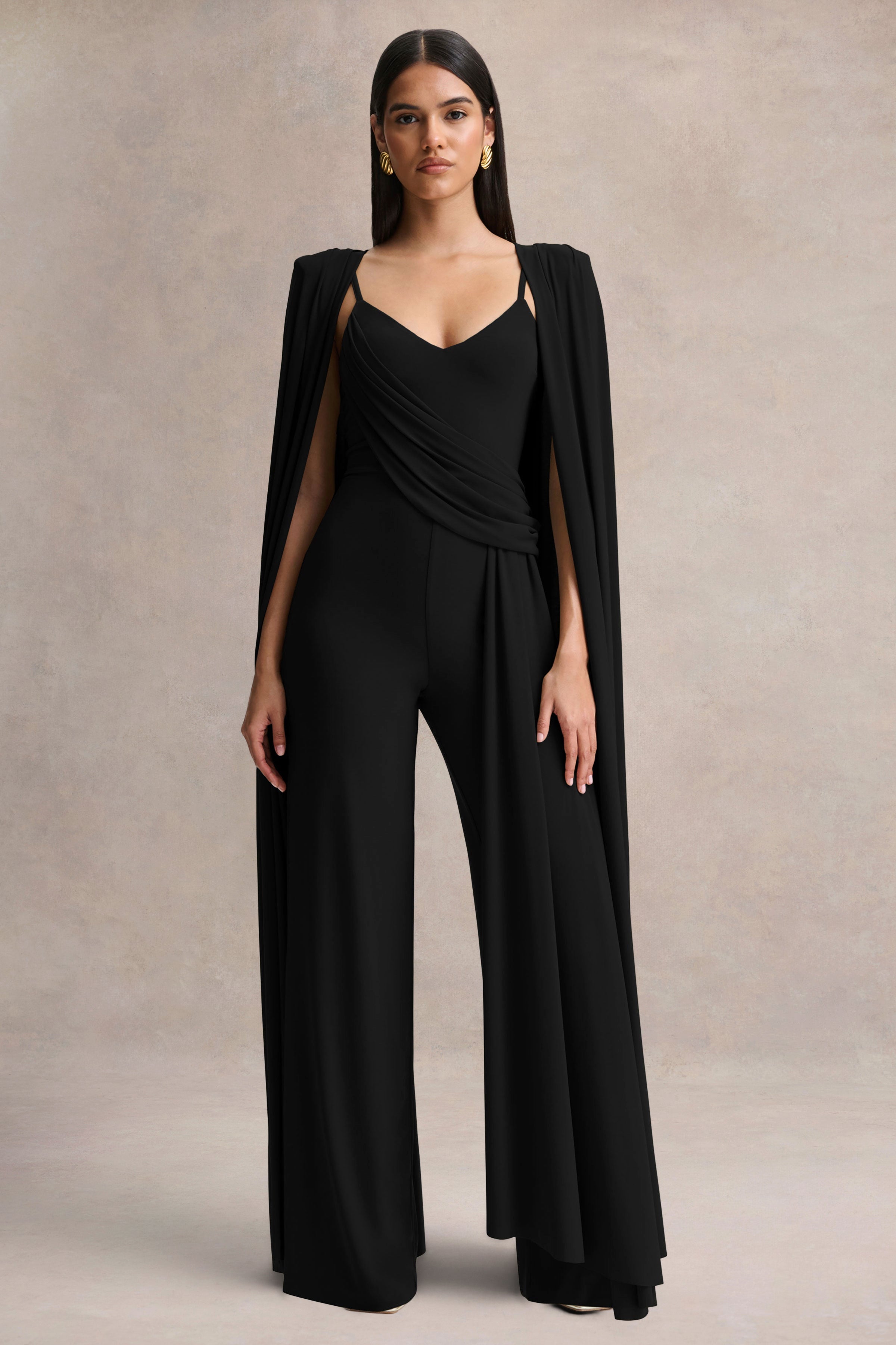 Labina | Black Plunge-Neck Jumpsuit With Cape-Sleeves – Club L