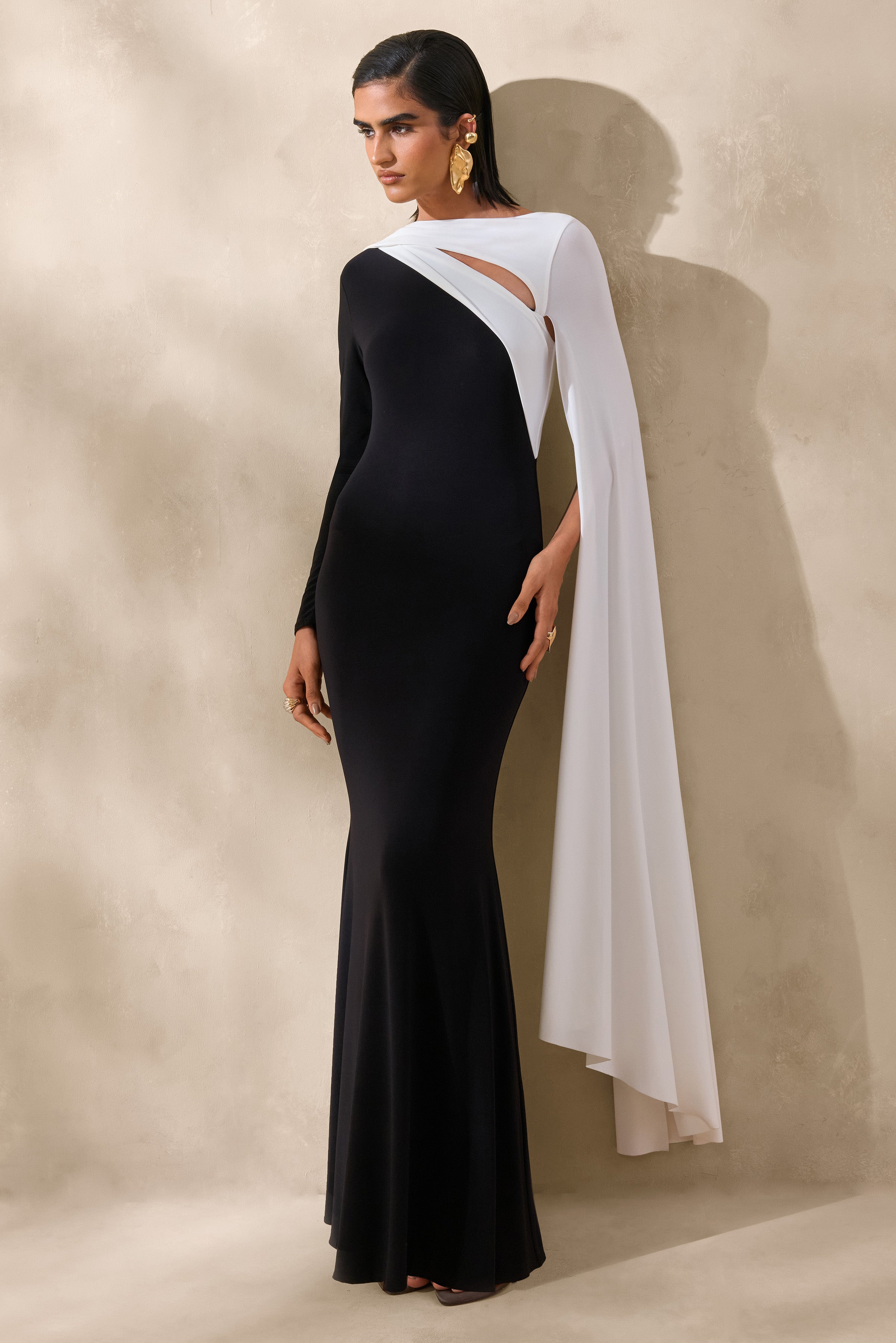black and white cape dress Dabria | Asymmetric-Neck Maxi With Cape-Sleeve Adjustable Straps Long mesh cape with Talbots Effortless Jersey Sheath Color:DESERT ROSE