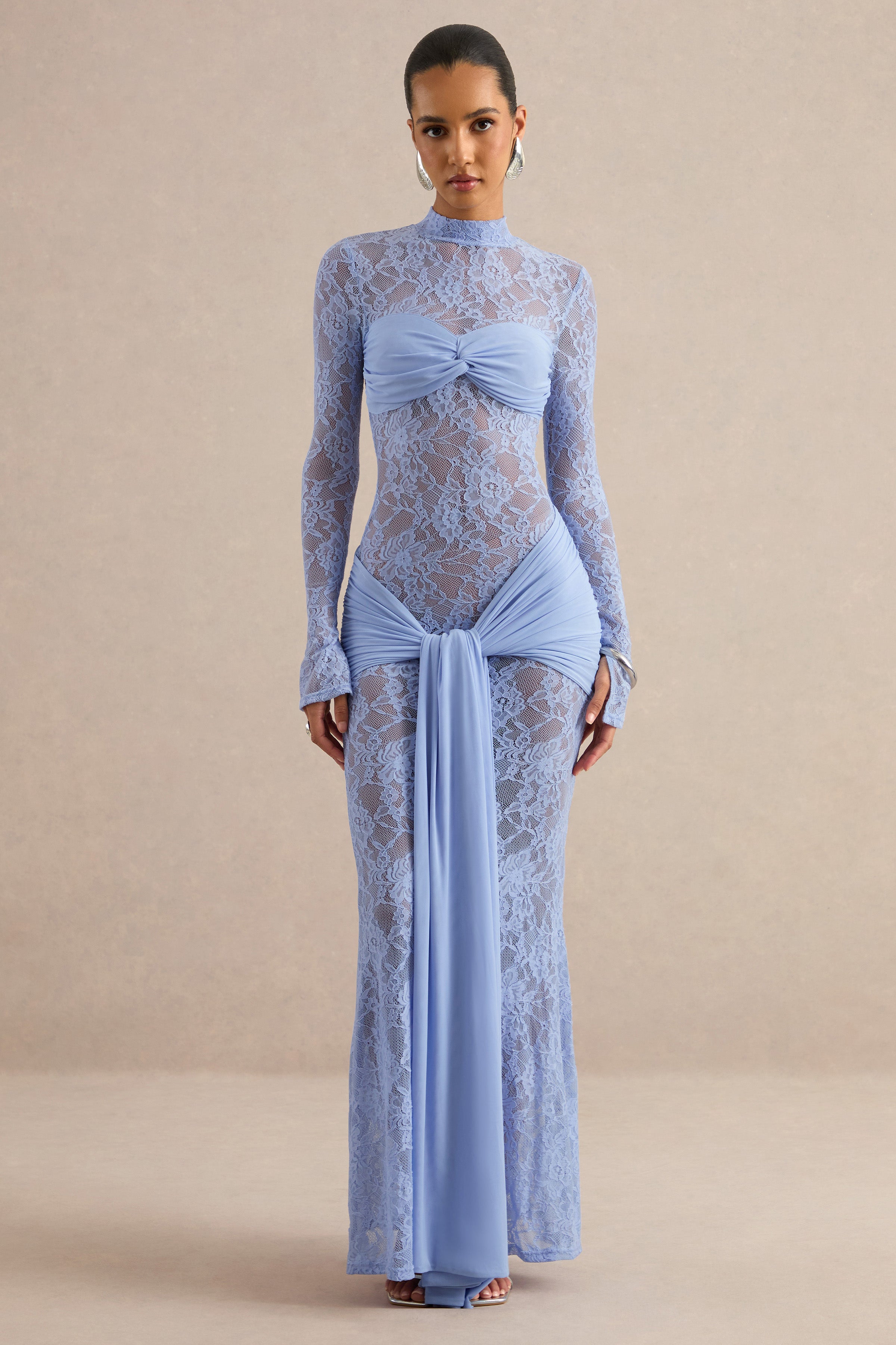 Akira | Light Blue Sheer Lace High Neck Long Sleeve Maxi Dress With Ga – Club L London