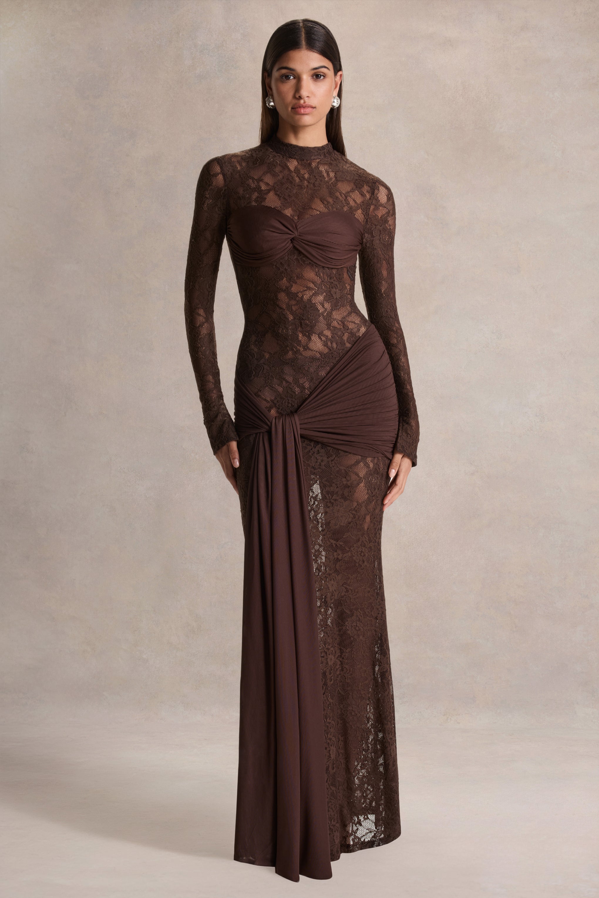 fall lace dress Akira | Brown Maxi With Sash-Detail Sole Type:Rubber Lace Detail Bodycon Collar CL137553021 OUR