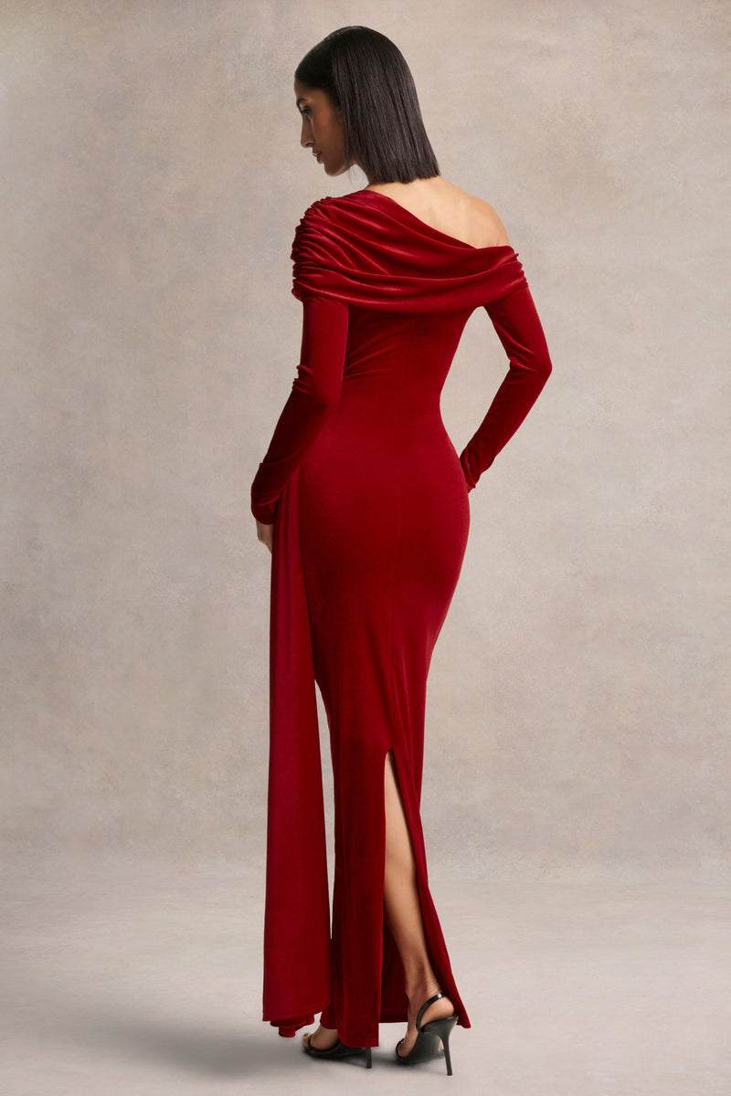 Hadria Red Velvet Asymmetric-Neck Maxi Dress With Sash-Detail – Club L London Hadria Red Velvet Asymmetric-Neck Maxi Dress With Sash-Detail – Club L London