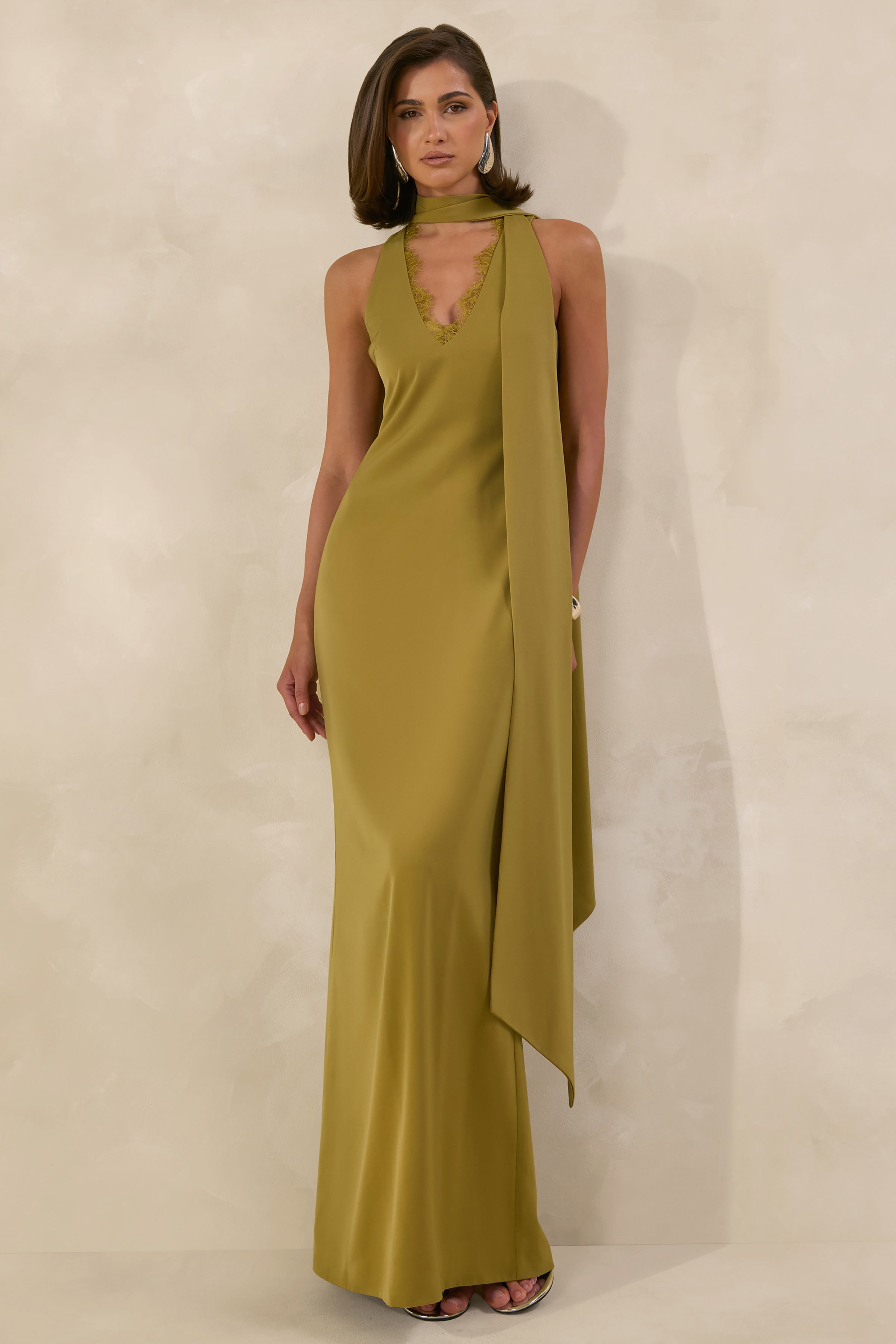 high neck olive green dress Ladies - Olive Green Draped Maxi Dress - Size: XS