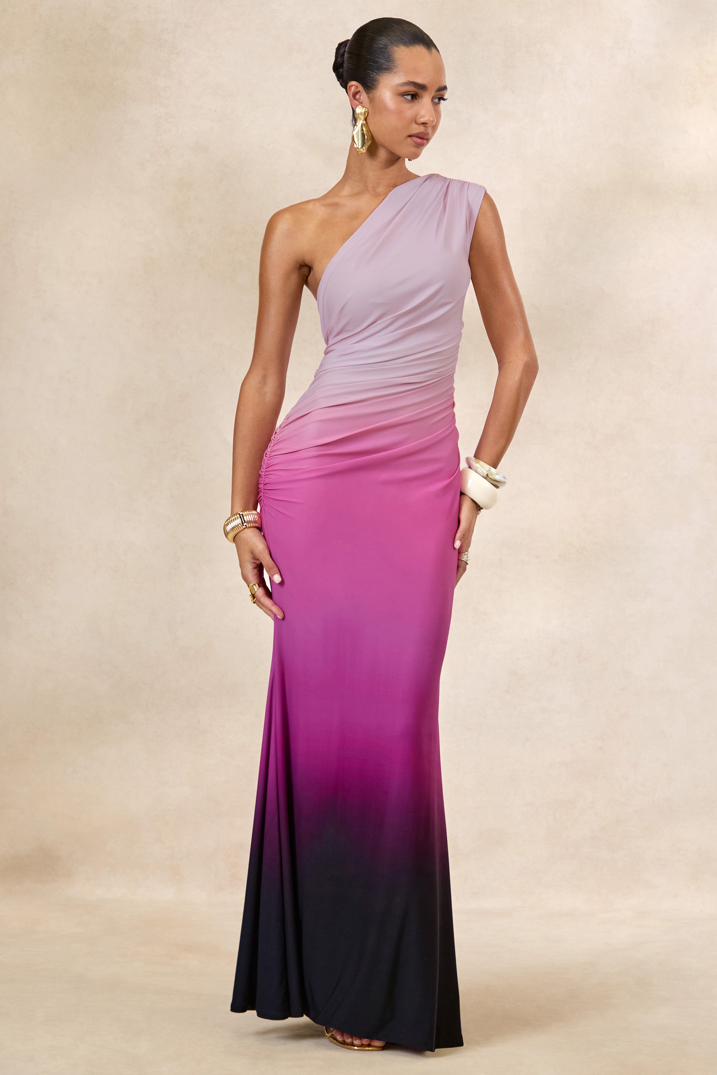 Lauretta | Pink Ombre Asymmetric Maxi Dress With Ruching – Club L London